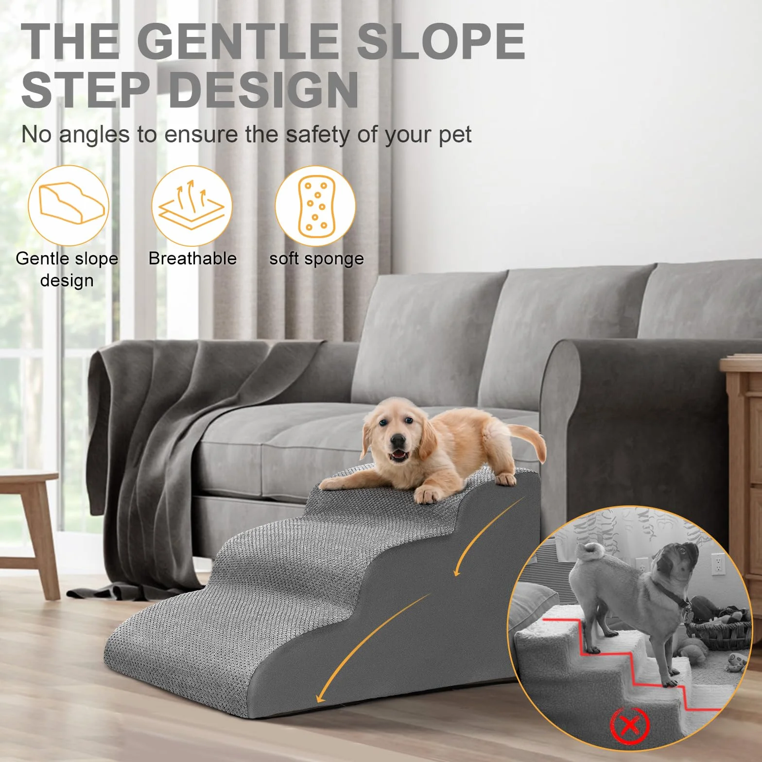 Lannvan Scaletta per Cani 3 Gradini, Rampa con Copertura Rimovibile Lavabile, per Cani e Gatti di Piccola Taglia, Regala Rullo Togli Peli Animali, Grigio