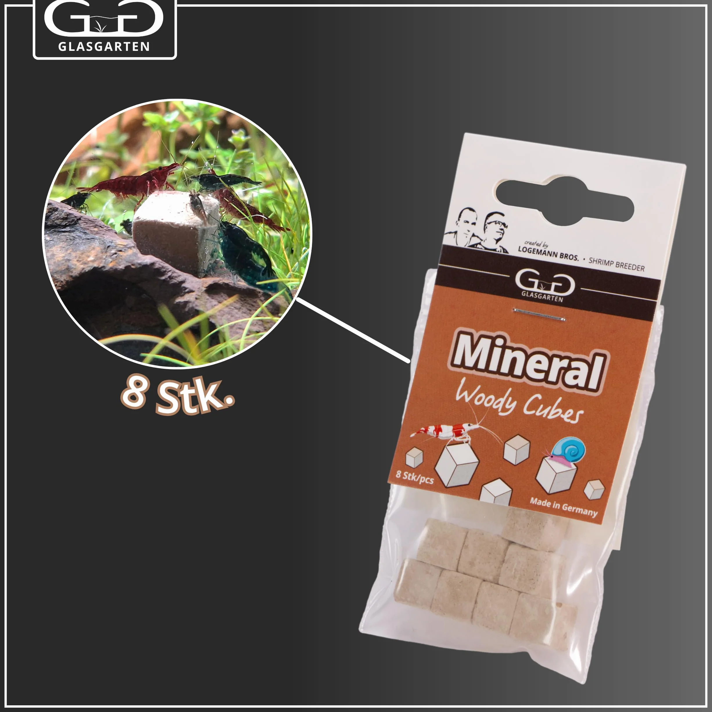 GlasGarten Mineral Woody Cubes | 8 pezzi – Mangime complementare/minerale per gamberetti decorativi, lumache e gamberi con minerali e fibre di legno