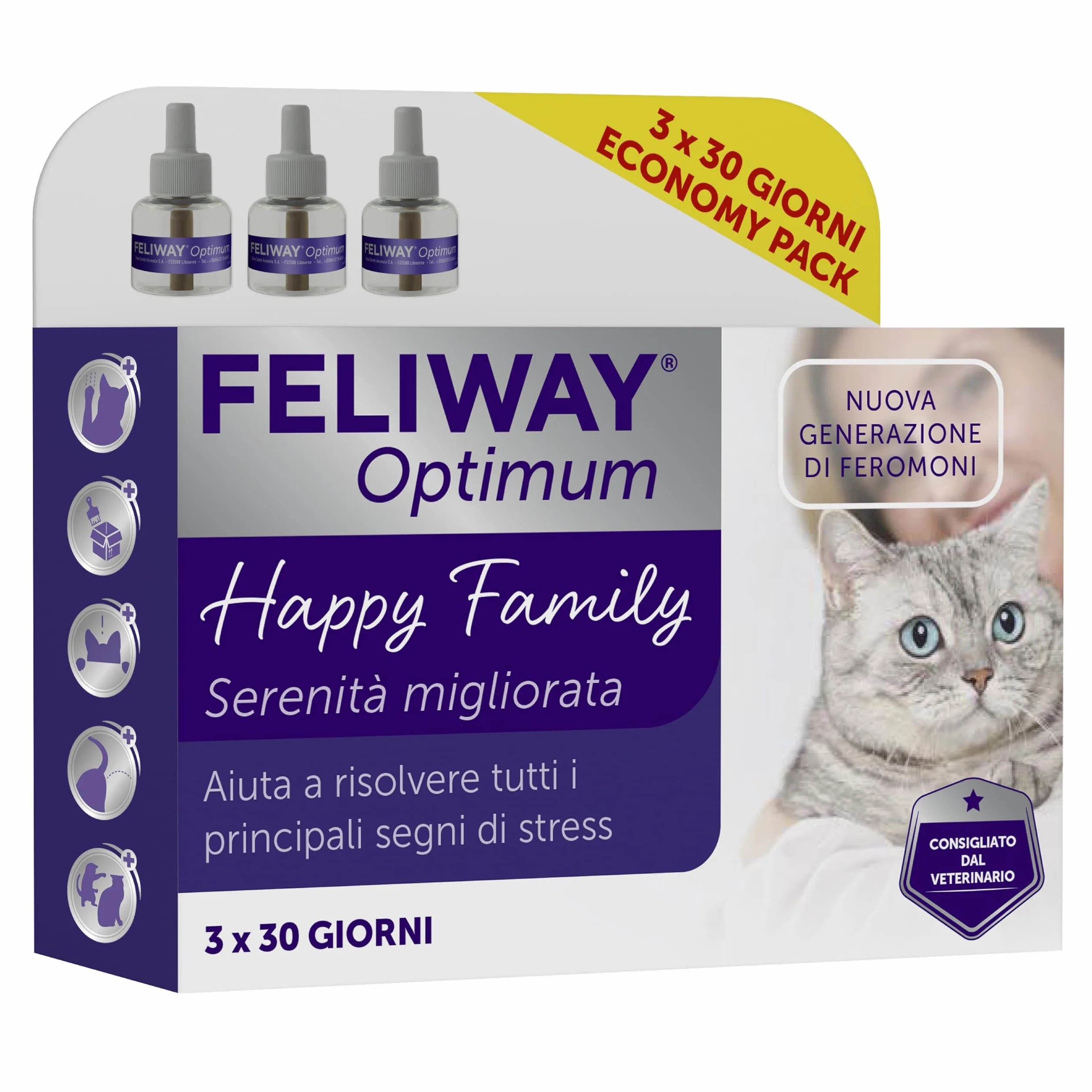 FELIWAY Optimum 3x30 Giorni di Ricariche Calmanti per Diffusore di Feromoni, Confezione da 3x48 ml – Aiuta a Risolvere Tutti i segni Comuni di Stress nei Gatti e Gattini, Raccomandato dai Veterinari