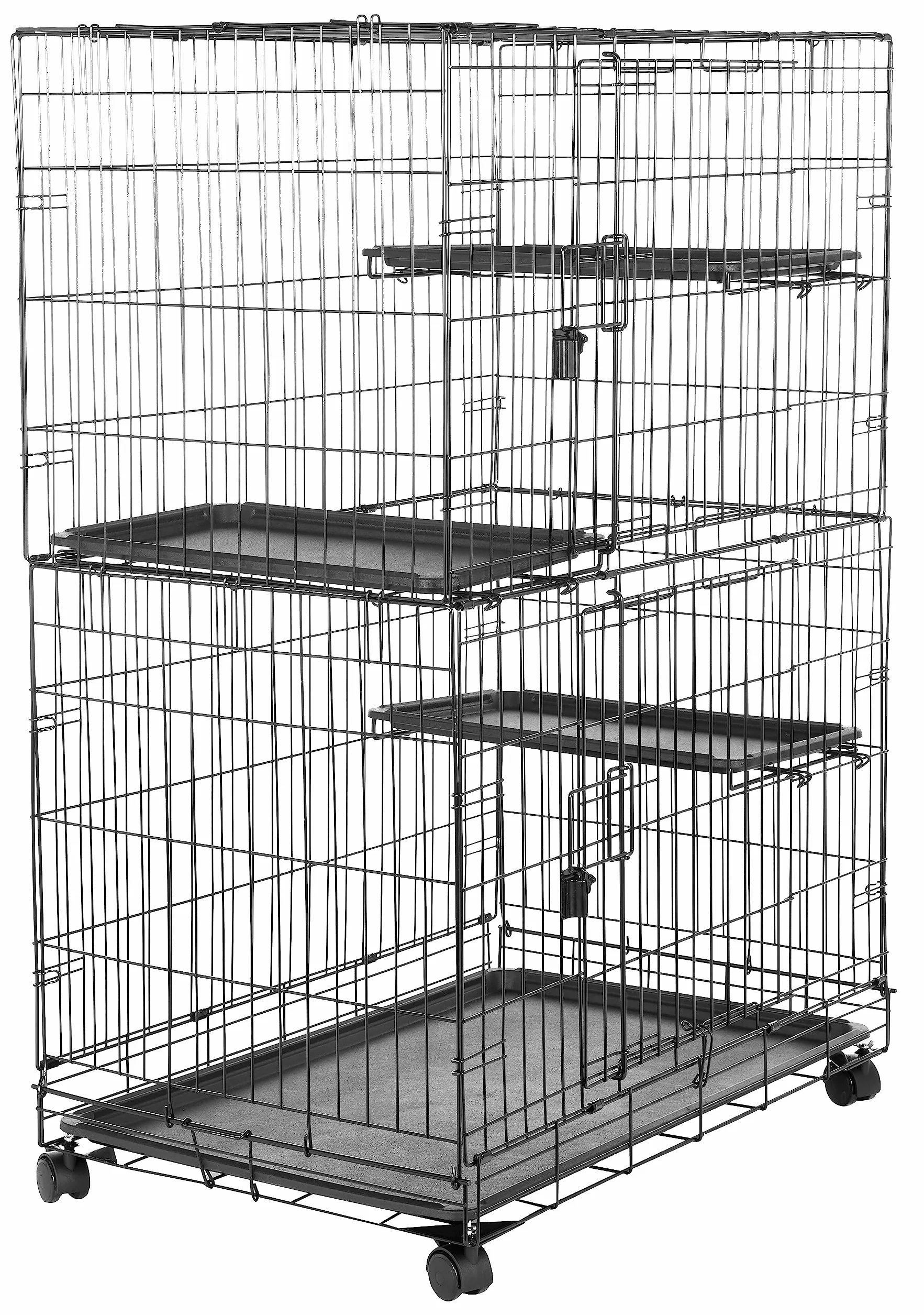 Amazon Basics Gabbia grande per gatti, con 3 ripiani, Pieghevole, Sicuro, Nero, L 91 x P 57 x H 129 cm