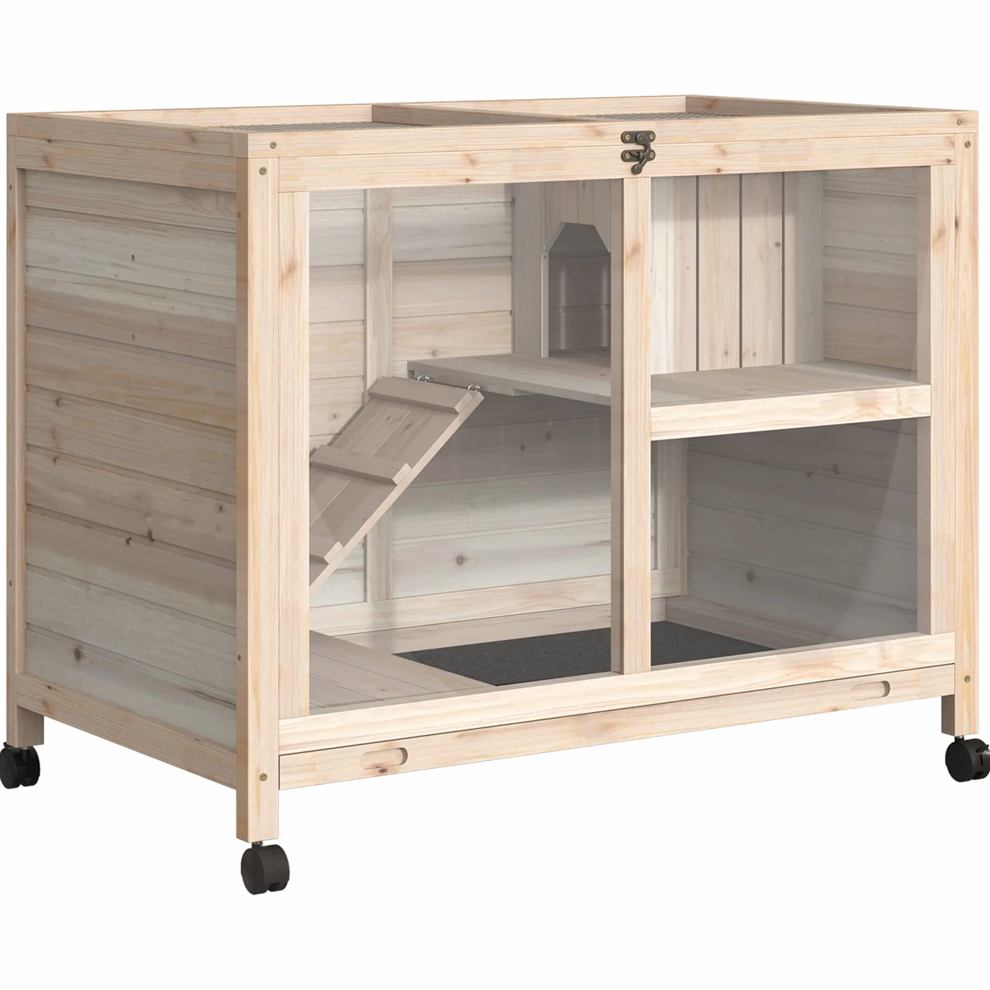 PawHut Conigliera in Legno a 2 Livelli con Casetta per Conigli e Porcellini d'India, Gabbia per Conigli con Rampa e Vassoio Estraibile, 91.5x53.3x73cm, Color Legno