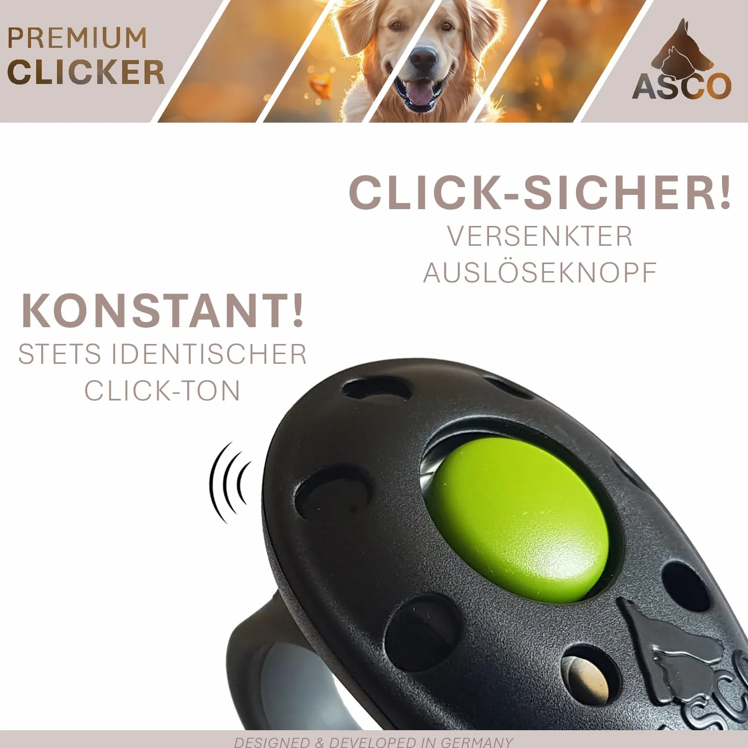 ASCO Clicker da Dito Premium con Bracciale a Spirale per clicker Training, clicker Professionale per Cani, Gatti e Cavalli, clicker per addestramento Cani, Nero AC01FS