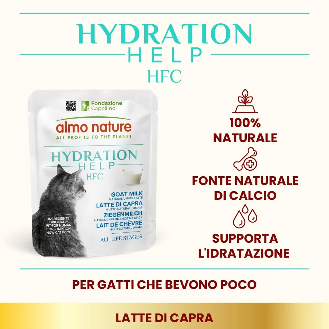 Almo Nature HFC Hydration Help, Alimento Umido per Gatti - Latte di Capra - Human-Grade, Gluten-Free, Grain-Free, Monoproteico - 50g, Confezione da 24