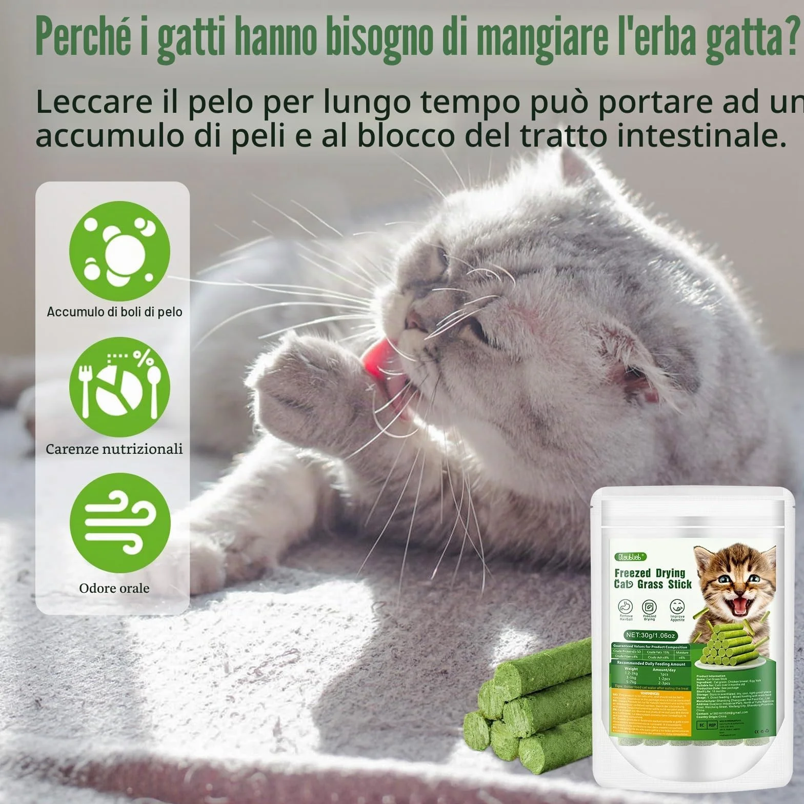30g Bastoncini di Erba Gatta Liofilizzato, Snack per Gatti Erba Gatta per Gatti Pronta per Elimina Boli di Pelo e Pulizia dei Denti