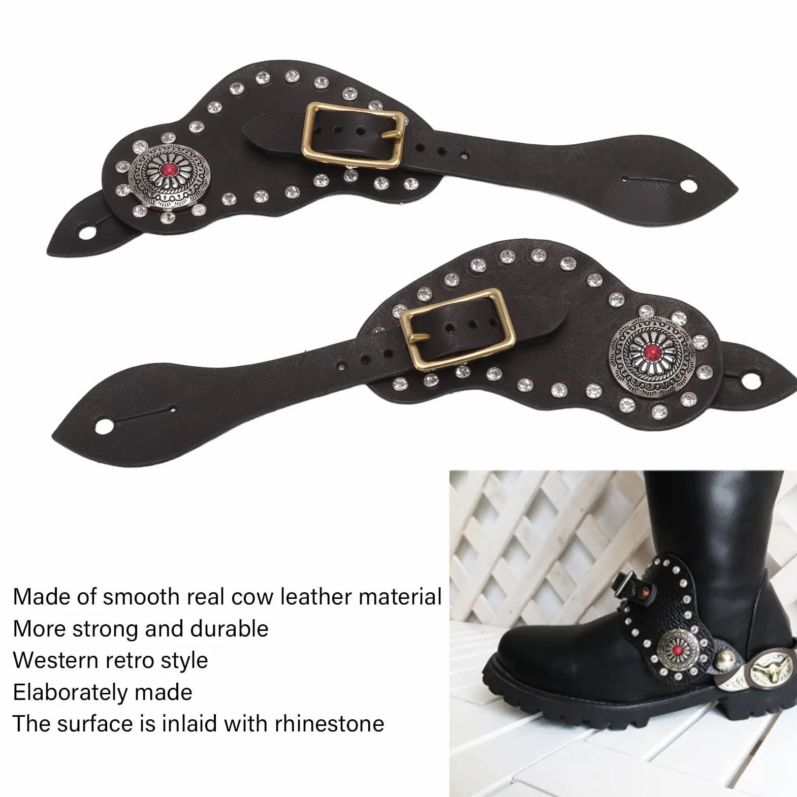 Fockety Cinghie di speroni, 9.8in Pelle di Mucca Robusto Durevole Chiusura in Metallo Lunghezza Regolabile Occidentale Spur Strap Western Vintage Spur Straps Western Womens