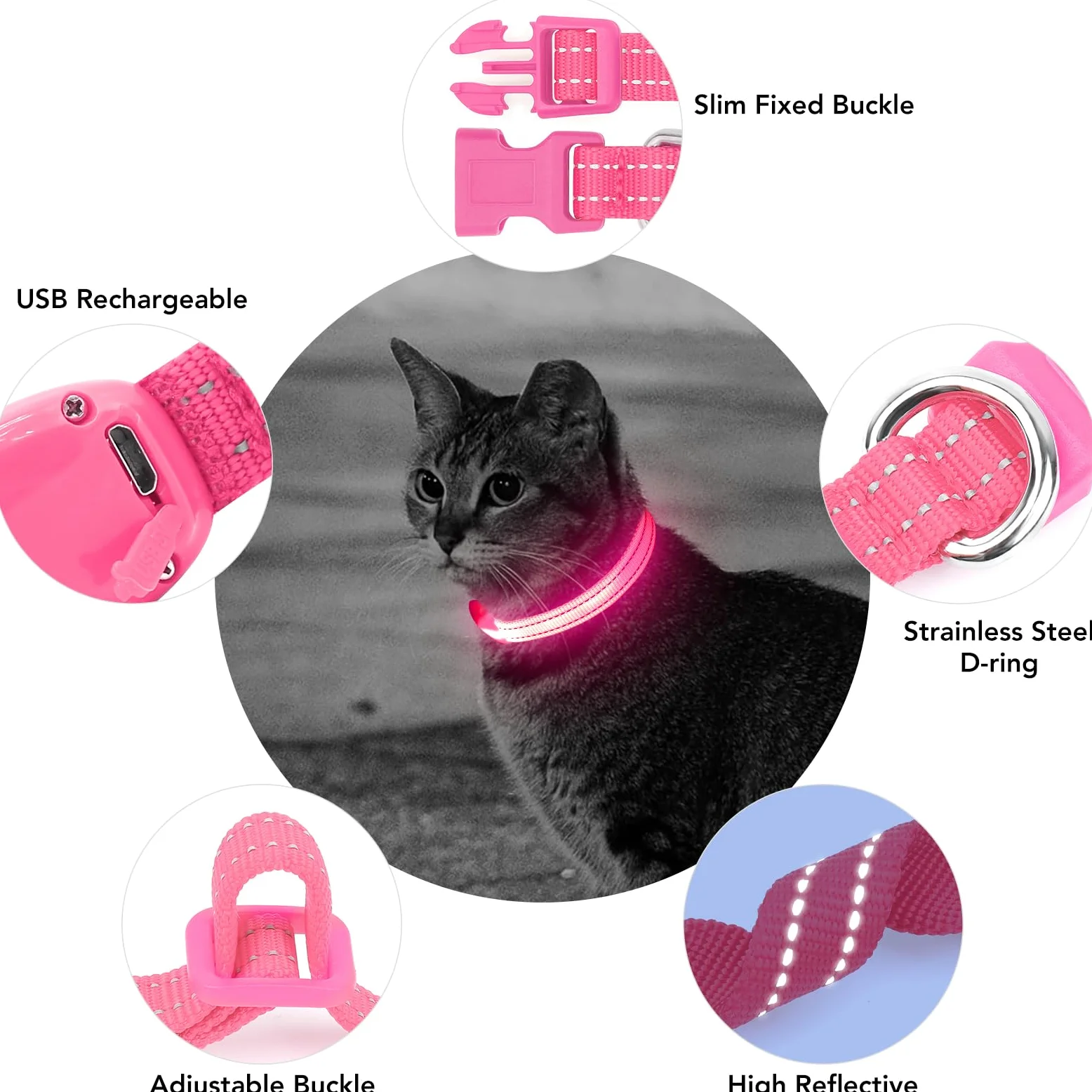 Vizpet Collare per cani a LED ricaricabile USB e XS regolabile in nylon, collare di sicurezza luminoso per cani e gatti di piccola taglia (rosa)