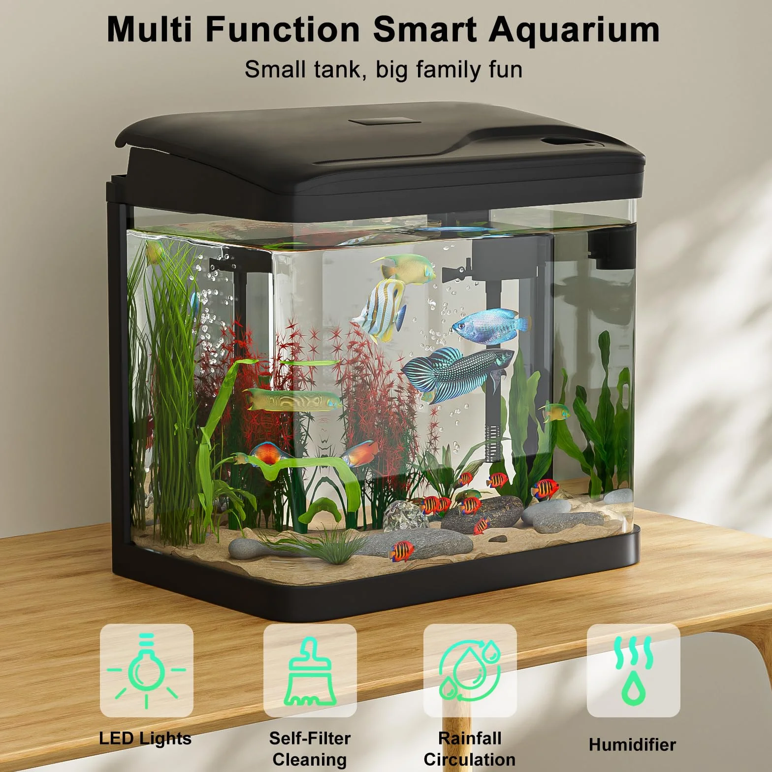 Acquario Piccolo in Vetro, GuKKK Completo Acquarios Per Pesci Rossi Tartarughe D'acqua con Illuminazione a LED e Sistema di Filtraggio,Nero,Set Per Principianti Mini Acquario Completo (10L)