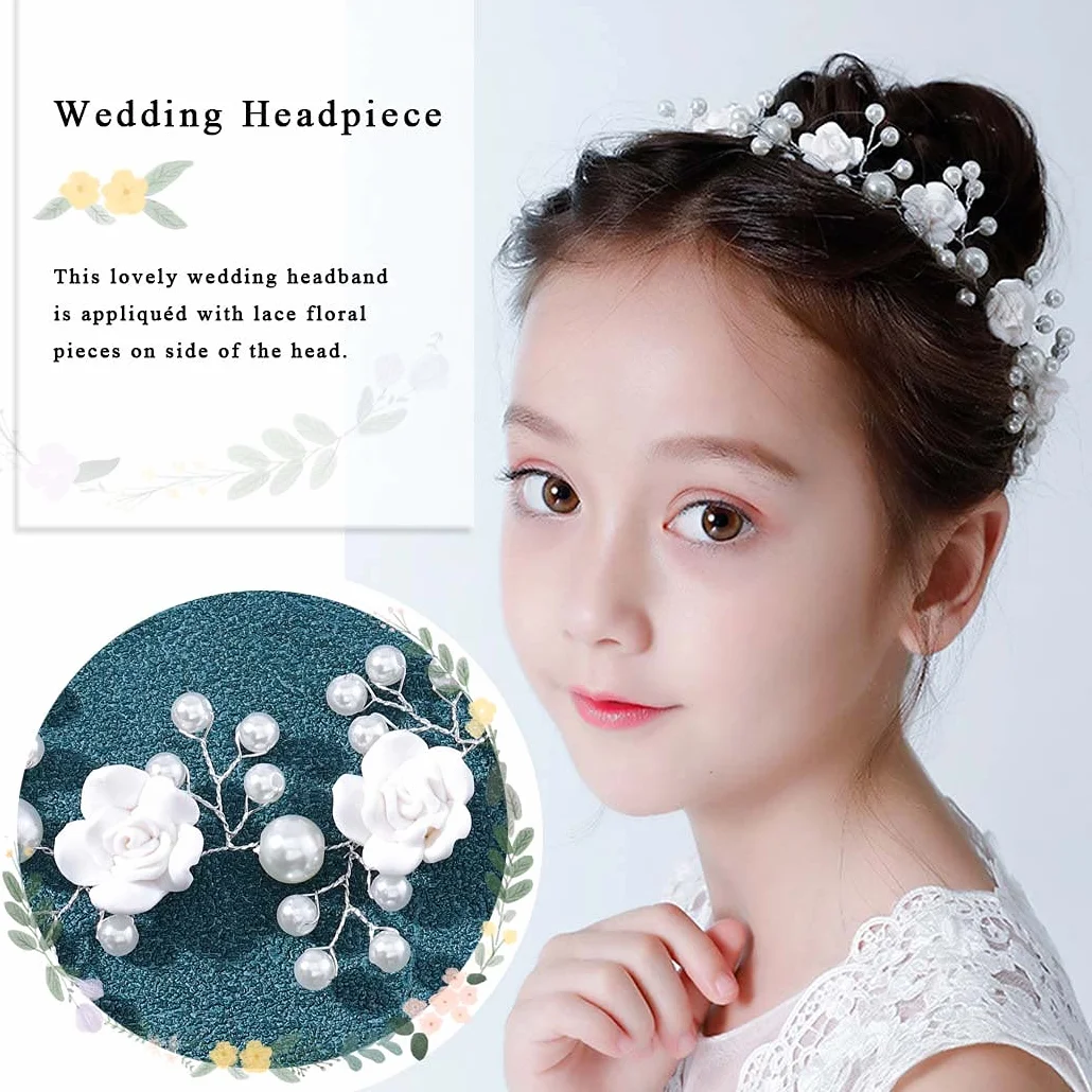 Fascia per capelli con fiore bianco Diadema di perle Accessori per capelli prima comunione Copricapo da sposa per ragazze damigella d'onore