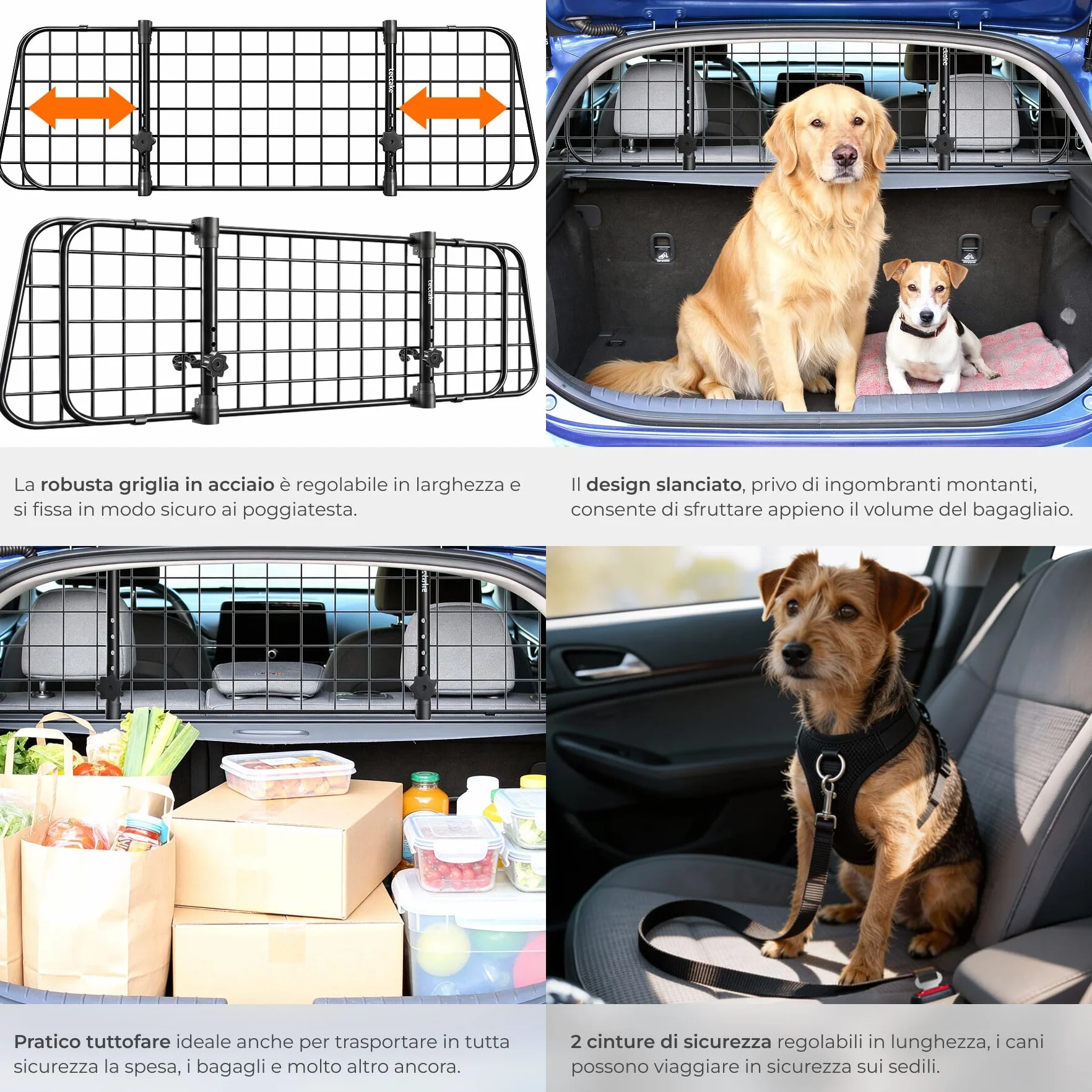 tectake® Griglia di Protezione per Cani Universale in Acciaio, Divisorio di Sicurezza per Cani Regolabile in Larghezza 91,5–154 cm, Rete Auto per Cani Universale con Sistema ad Incastro e 2 Cinture