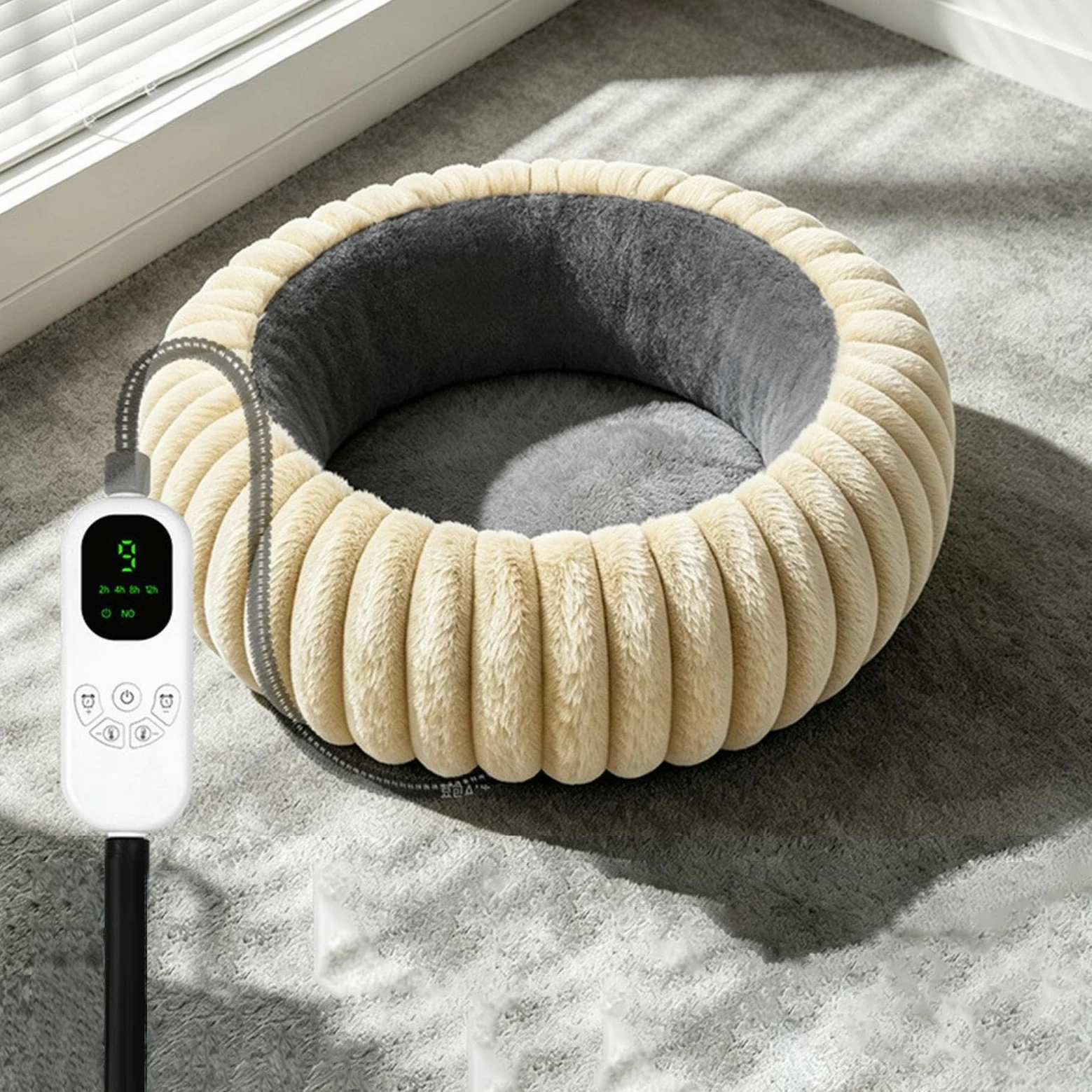 Cuccia Riscaldata Per Cani Cuscino Rotondo in Peluche con Timer e 9 Livelli | Tappetino Riscaldante Animali Interno Esterno Soggiorno Camera Ufficio Angolo Viaggio Famiglia