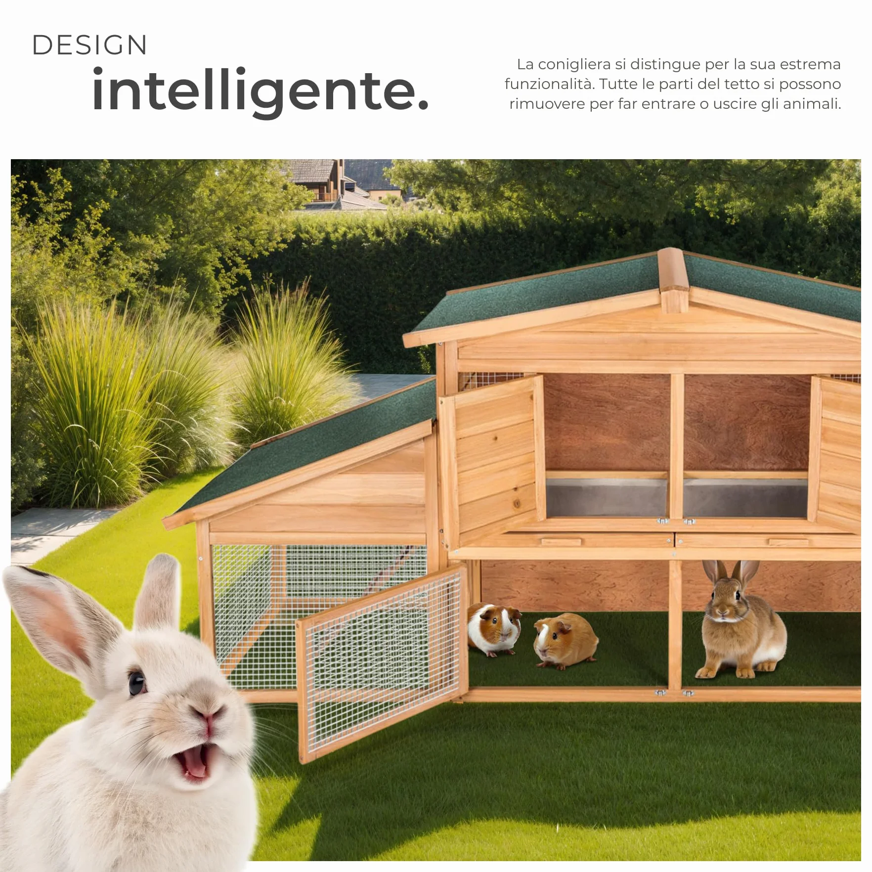 tectake® Conigliera da Esterno, 4 Porte, 2 Piani, 2 Rampe, con Zona Riposo, Tetto Idrorepellente, Recinto Per Conigli, XXL Gabbia Esterno, Casetta, Recinto Piccoli Animali, Legno, 226 x 77 x 95,5 cm