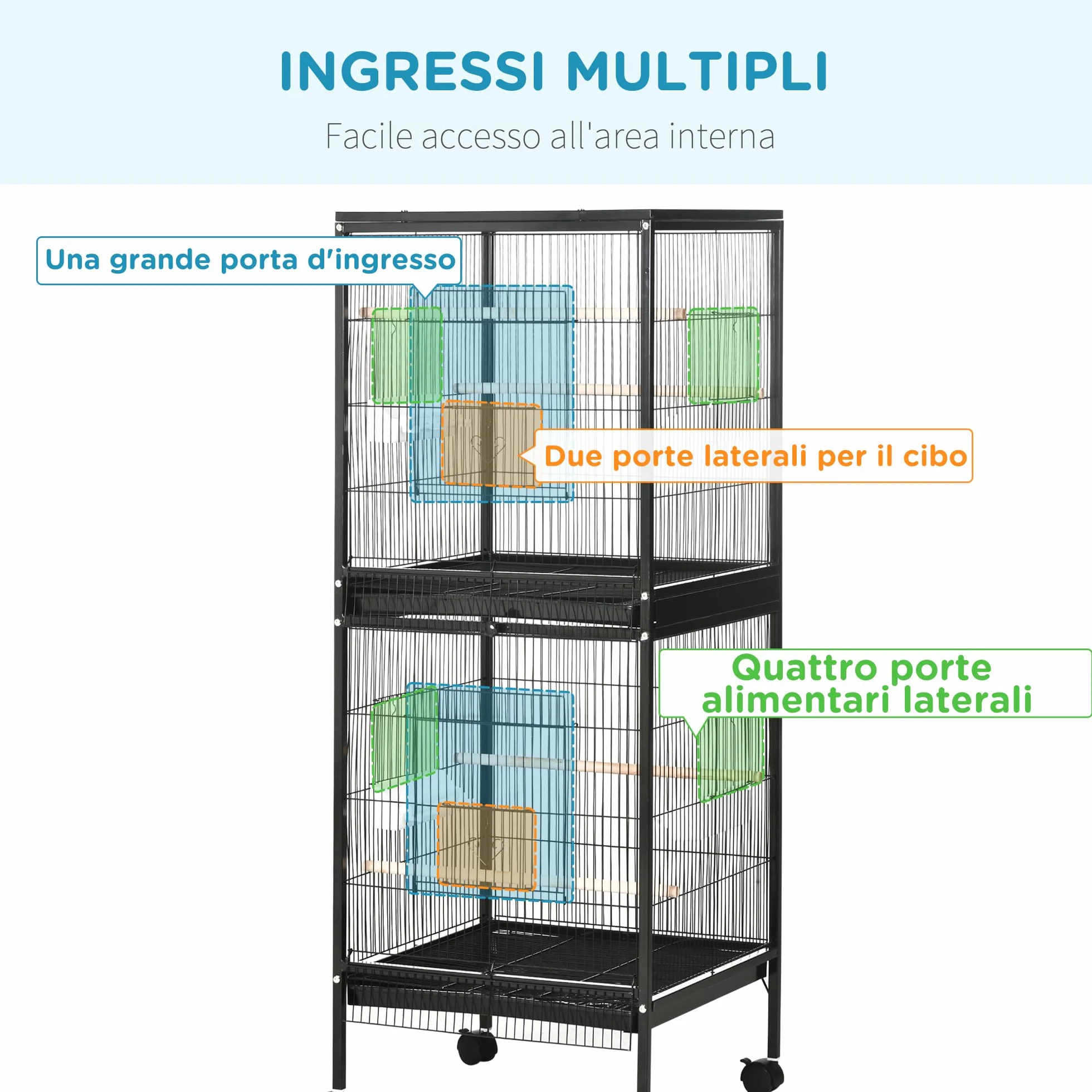 PawHut Gabbia per Uccelli 2 in 1 Voliera per Interni con 4 Ruote Girevoli, Vassoi Estraibili e Contenitori in Plastica, 51.5x50x140 cm, Nero