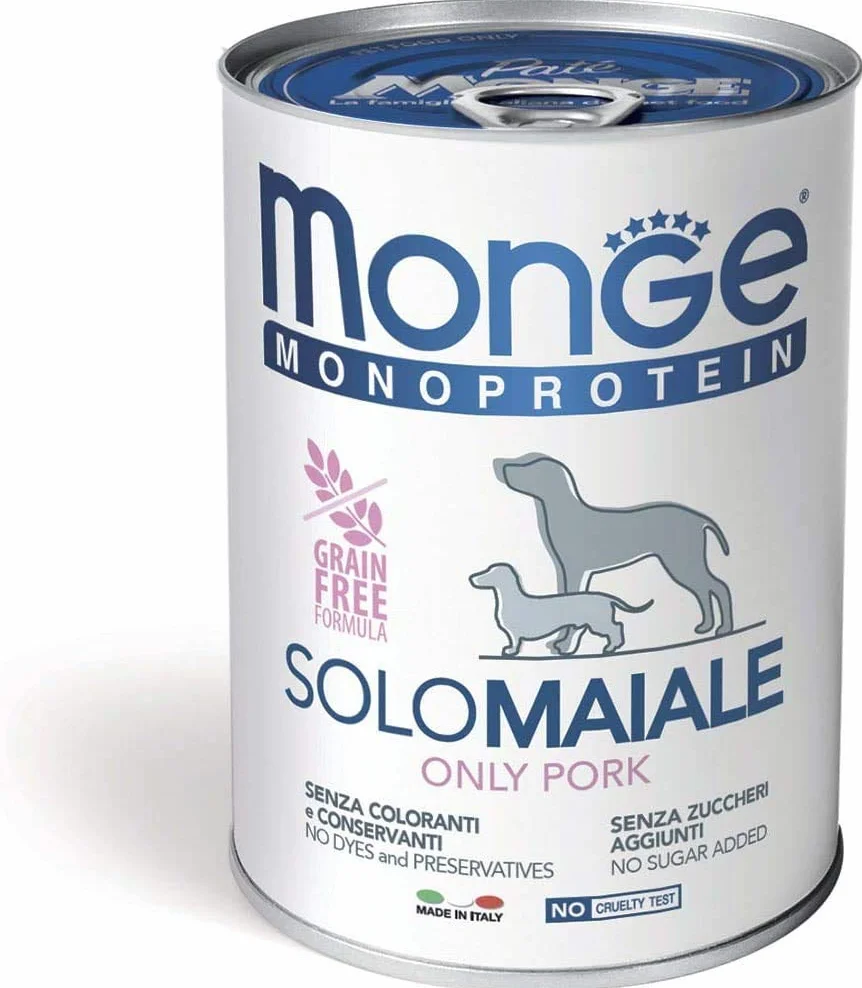 Monge Monoproteico Solo Maiale Alimento Umido per Cani 12 X 400gr