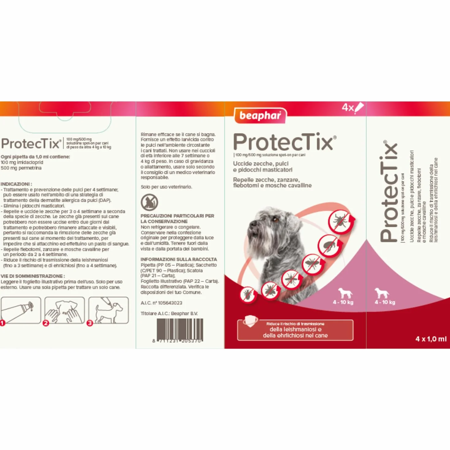 Beaphar ProtecTix Cane, Antiparassitario Spot-On per Cane Piccolo (4-10 Kg), Riduce il Rischio di Leishmaniosi, Contro Zecche, Pulci e Pidocchi, Confezione 4 Pipette da 1 ml