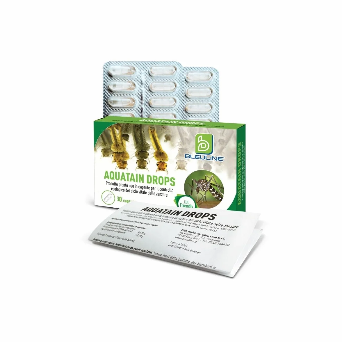 AQUATAIN DROPS IN CAPSULE IDROSOLUBILI PRONTO USO PER IL CONTROLLO ECOLOGICO DEL CICLO VITALE DELLE ZANZARE