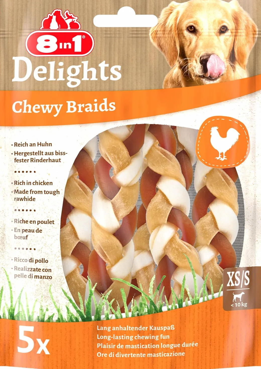 8in1 Delights Chewy Braids XS/S - gustosi bocconcini per cani di piccola taglia, pelle di manzo soda con delizioso pollo, sacchetto da 75 g (5 pezzi)