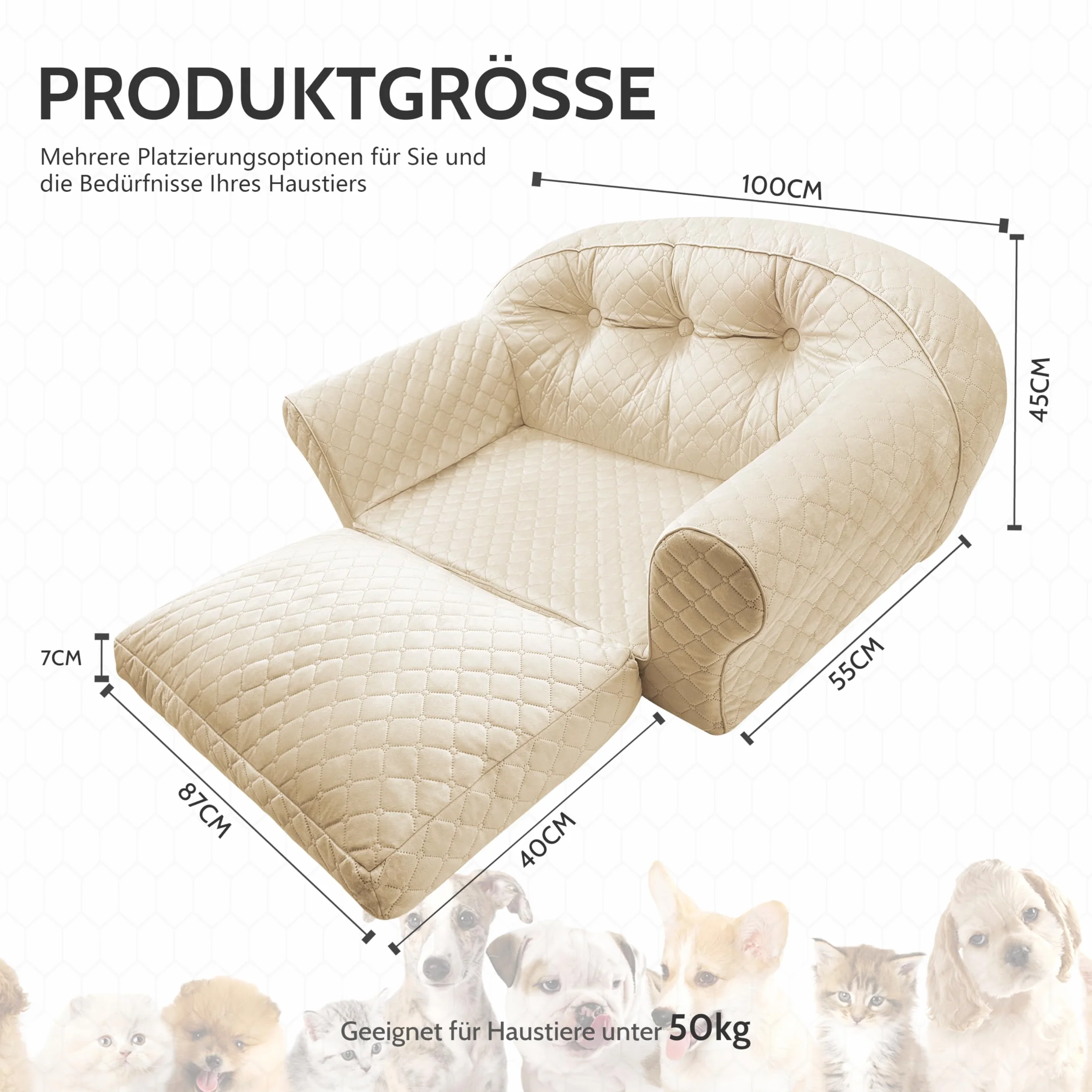 Divano per Cani di Taglia Media e Grande, 100 x 45 x 55 cm, in Spugna e Velluto, Flanella, Moderno