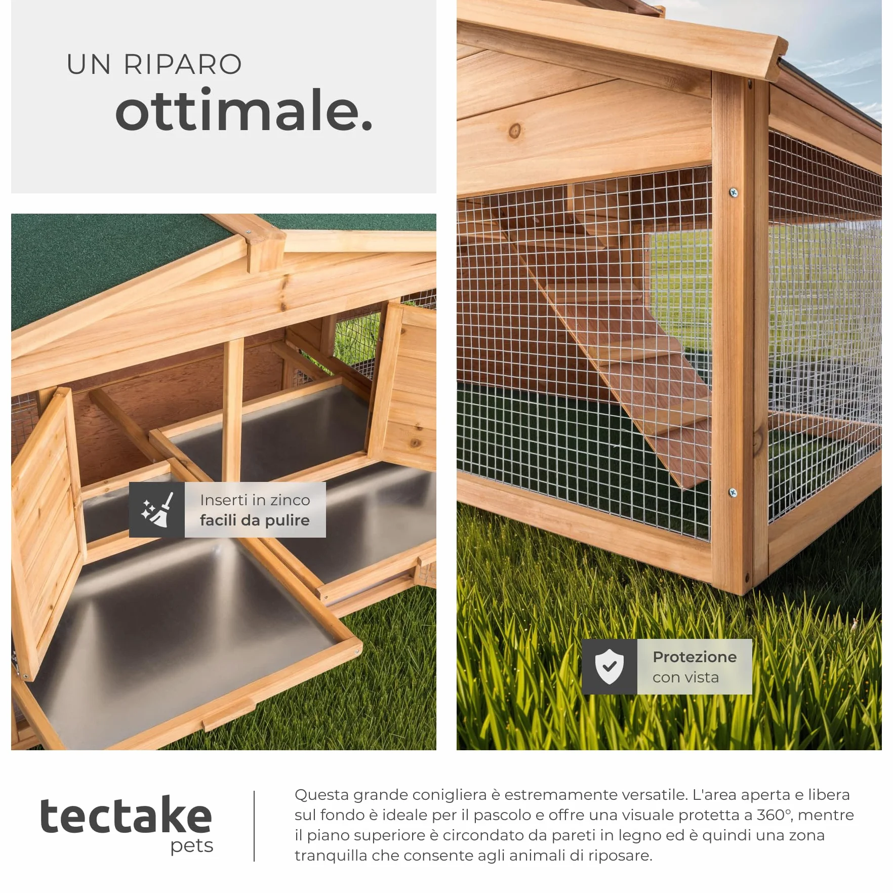 tectake® Conigliera da Esterno, 4 Porte, 2 Piani, 2 Rampe, con Zona Riposo, Tetto Idrorepellente, Recinto Per Conigli, XXL Gabbia Esterno, Casetta, Recinto Piccoli Animali, Legno, 226 x 77 x 95,5 cm