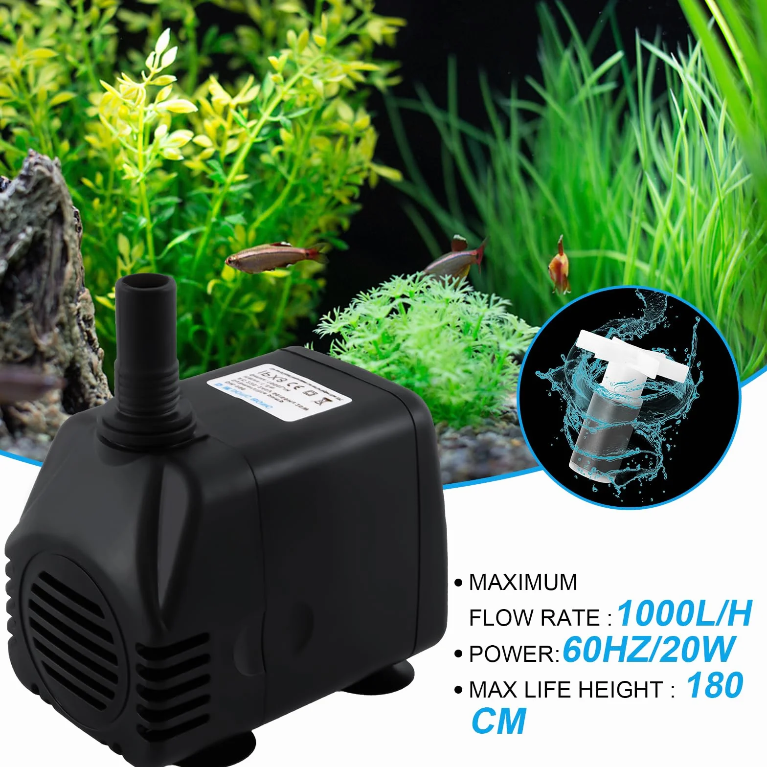 Pompa sommergibile per stagno, pompa per laghetto, 1000 l/h, pompa per acquario, giardino, con 4 potenti ventose (20 W)
