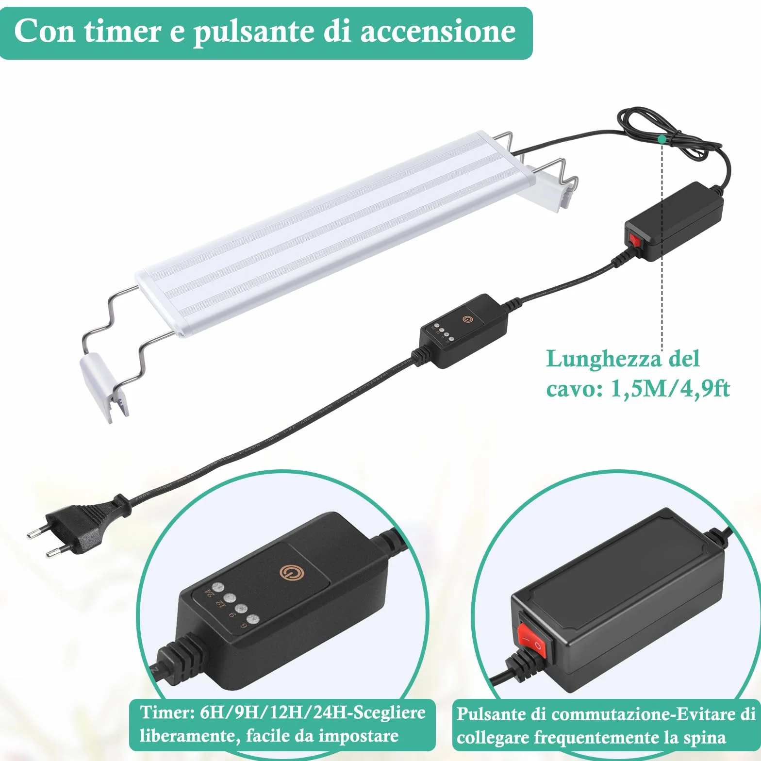 Illuminazione LED per Acquario con Timer, Lampada per Piante Acquatiche a Spettro Completo, Classica Luce per Acquario con LED RGB, con Staffe Regolabili Stabili (30-50cm)