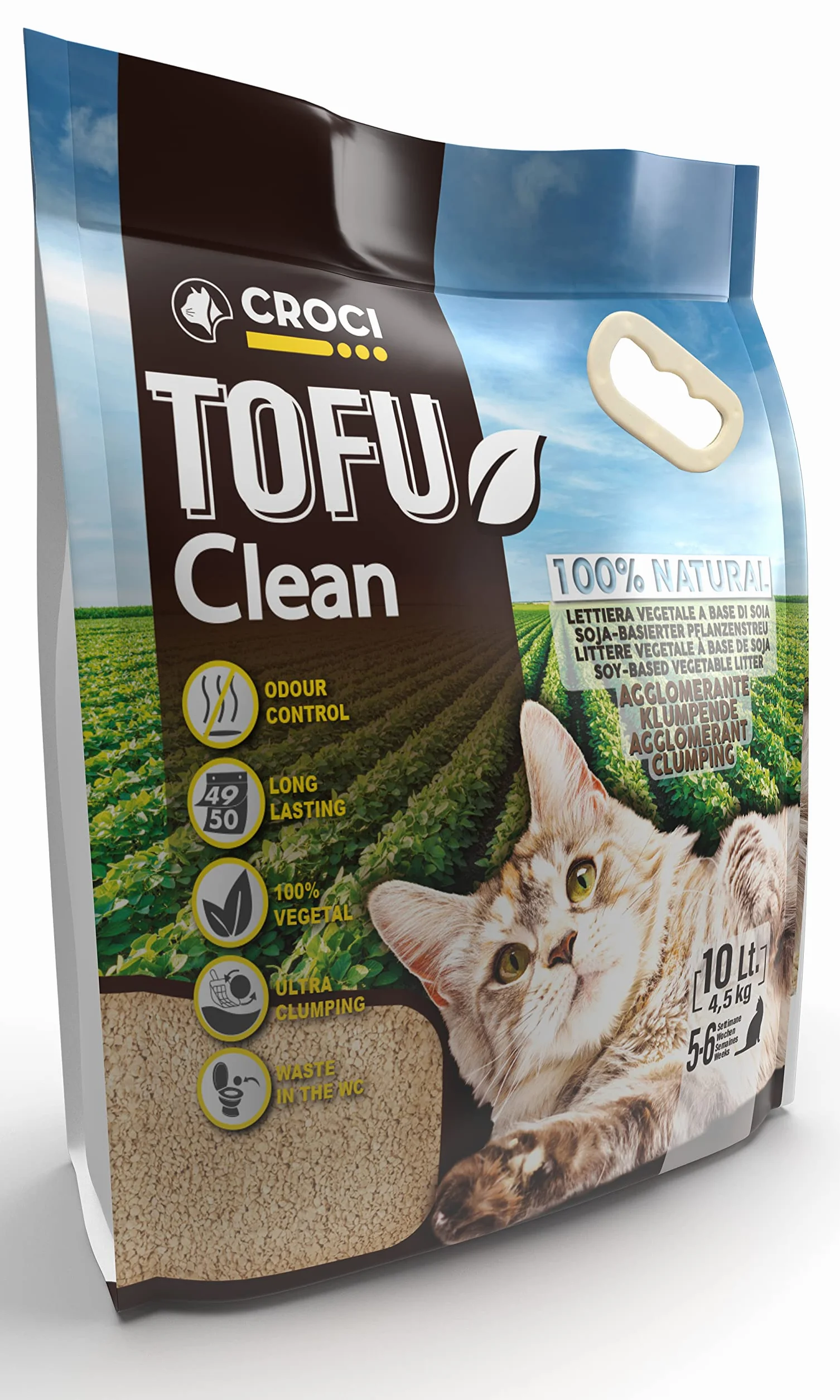 Croci Lettiera Tofu Clean 10L - Lettiera Gatti agglomerante, Biodegradabile si getta nel WC, 100% vegetale, Sabbia Antiodore di lunga durata