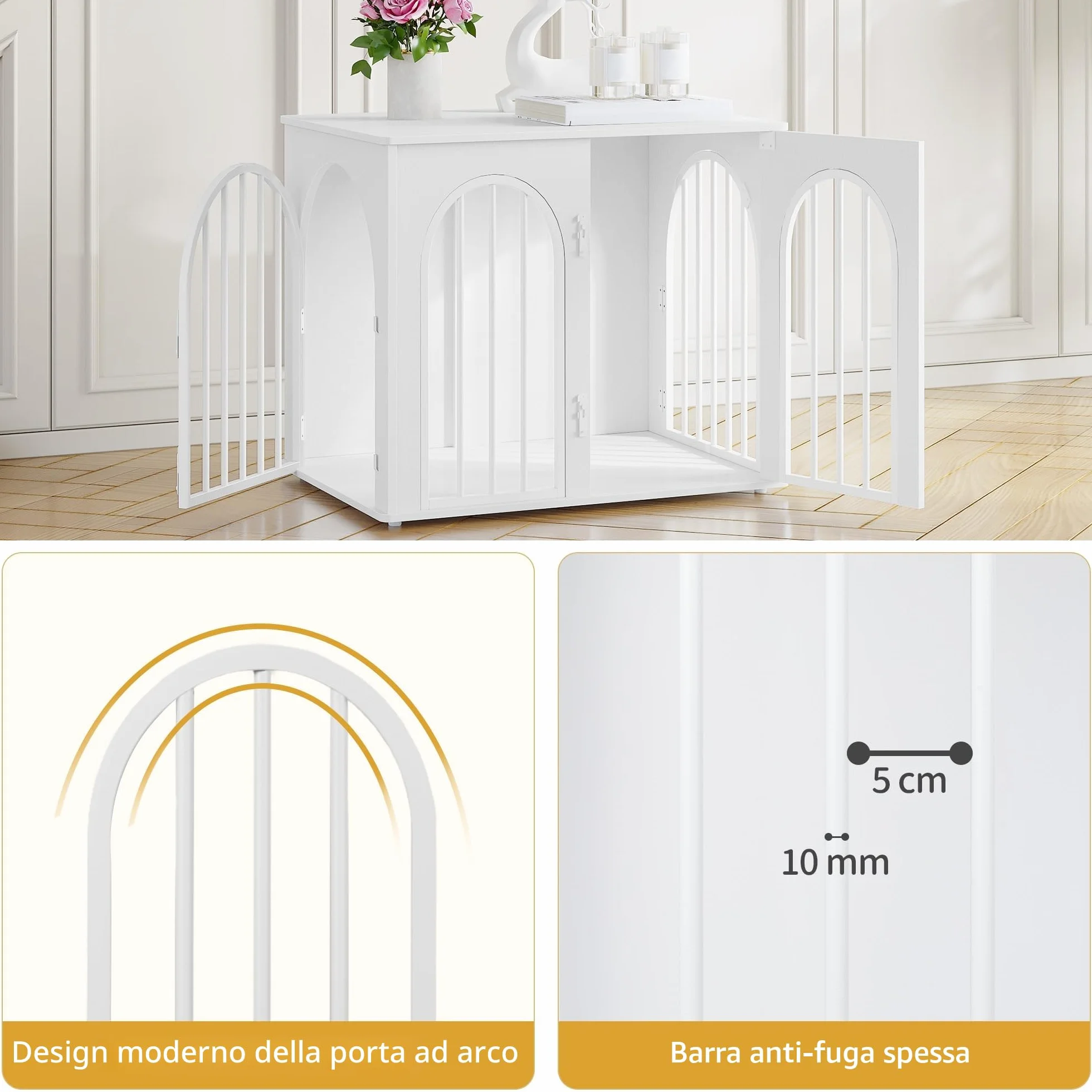 Hzuaneri 68 cm Gabbia per Cani, Tavolo Supplemento, Cuccia Moderna per Cani Interno, Gabbia per Cuccioli, Casetta per Animali, 3 porte, Porta ad arco, 49 x 68 x 56 cm, Bianco DFC85513W