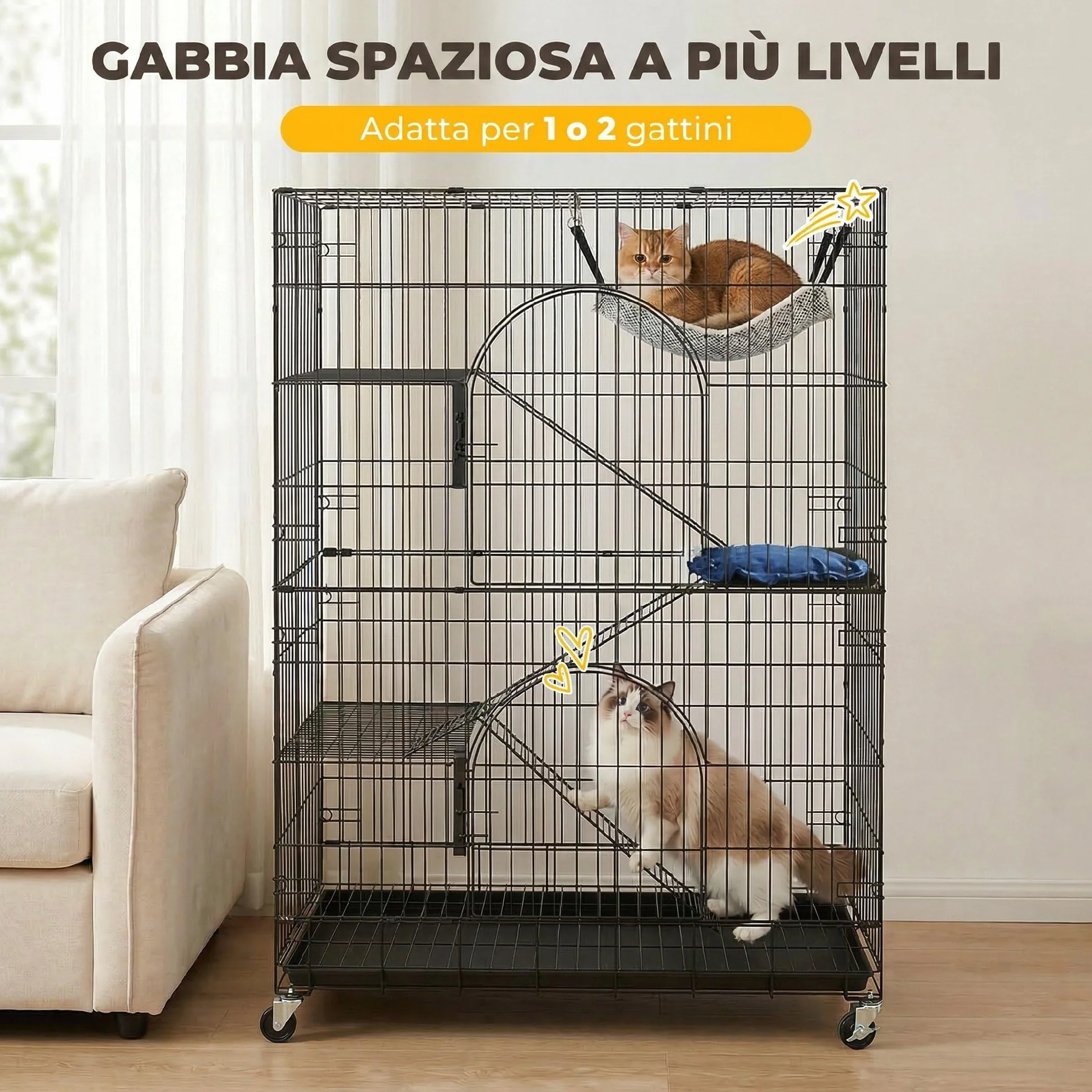 PawHut Gabbia per Gatti Grande 4 Livelli con Ruote, Recinto per Gatti da Esterno ed Interno in Metallo, Vassoio Estraibile, Amaca, Letto, Rampe, Piattaforme, per 1-2 Gatti, Scoiattoli Cincillà, Nero