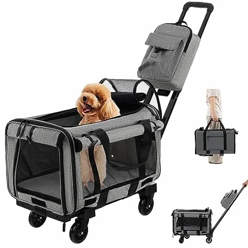 FANTASK Trasportino portatile, borsa per il trasporto con manico telescopico e ruote e piccola borsa, pieghevole, per animali domestici di piccole e medie dimensioni