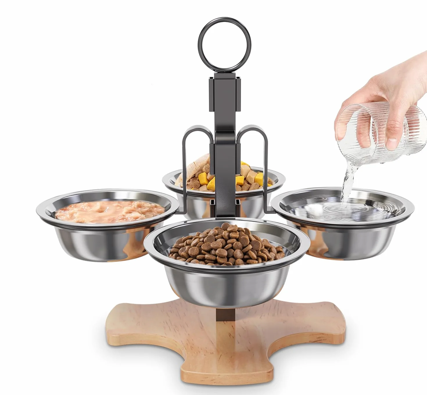 Set di 4 Ciotole per Gatti Rialzate Regolabili in Altezza con Supporto in Acciaio Inox