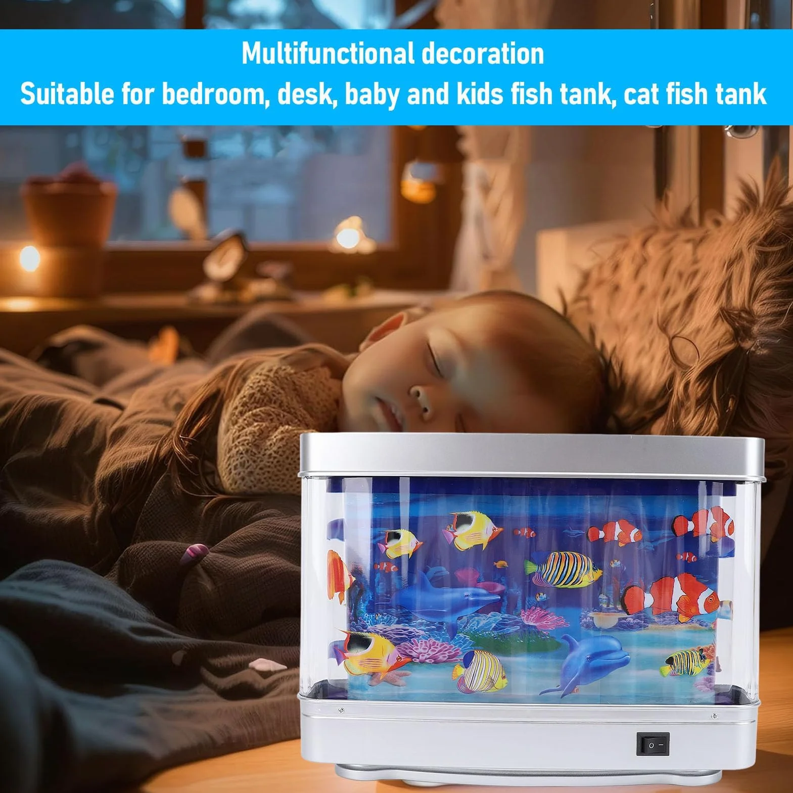 Acquario artificiale per pesci finti, 5V Mini acquario artificiale decorativo con pesci tropicali in movimento lampada multifunzionale con spina mobile per camera da letto e ufficio