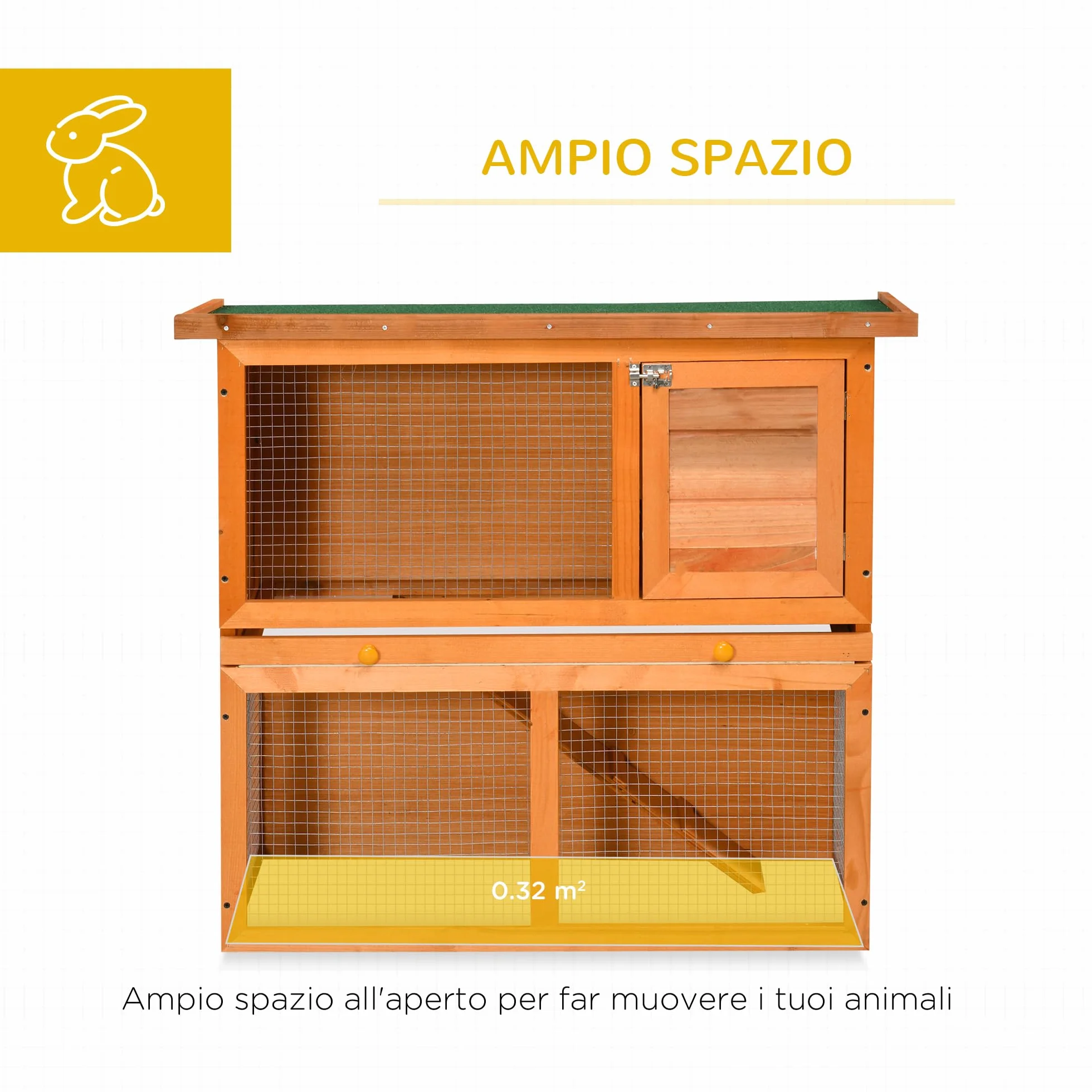 PawHut Gabbia per Conigli Conigliera da Esterno in Legno di Abete 90 x 45 x 80cm