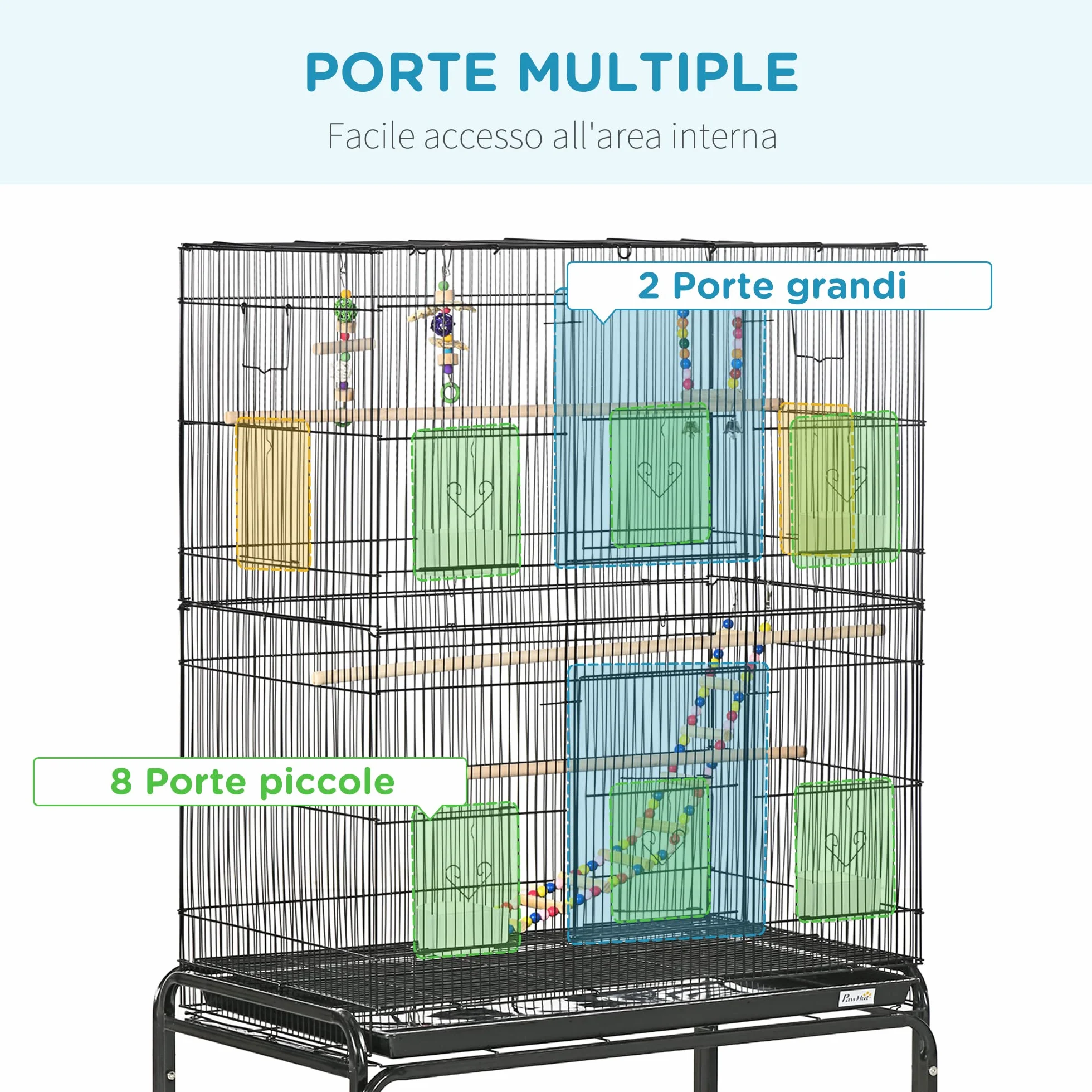 PawHut Gabbia per Uccelli 133 cm, Voliera per Cocorite, Calopsite, Canarini, Inseparabili, Fringuelli con Ruote, 4 Contenitori, Giochi, Vassoio Rimovibile, Ripiano, Nero