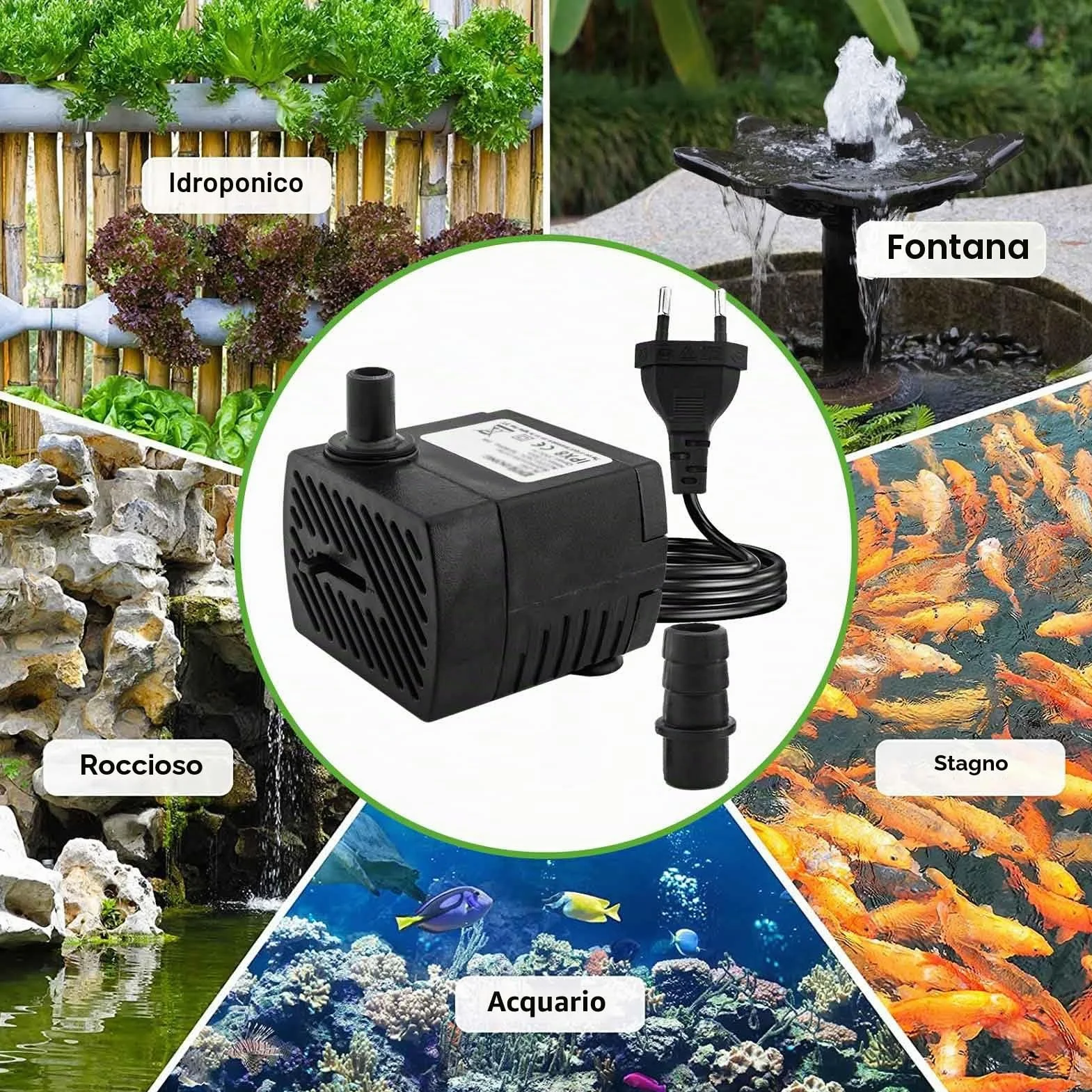 Mini pompa dell'acqua (350 l/h, 5 W), con sollevamento elevato, cavo di alimentazione da 1,5 m, 2 ugelli per acquari, laghetti, fontane, statue