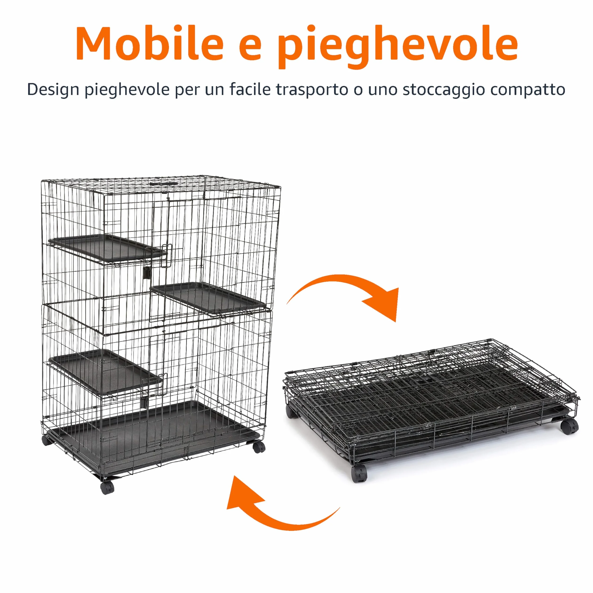 Amazon Basics Gabbia grande per gatti, con 3 ripiani, Pieghevole, Sicuro, Nero, L 91 x P 57 x H 129 cm