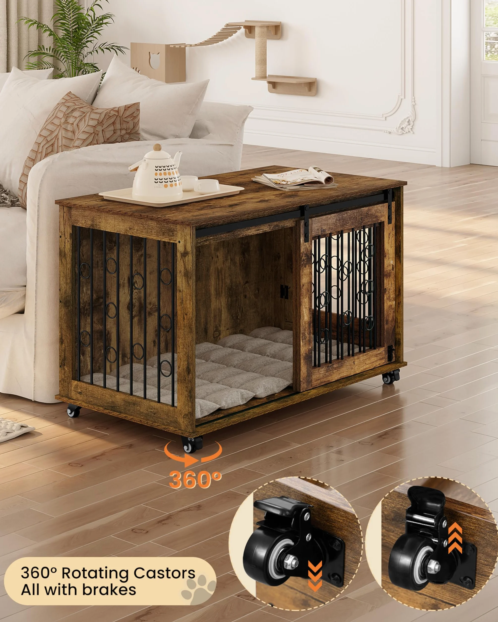 EUGAD 100cm Gabbia per Cani, Mobile Kennel per Cani da Interno, Kennel Cane in Legno con 2 Porte Ruote 360° Gabbie per Cane Medio Grande, Dog Crate Arredamento Marrone Vintage 100x56x65cm
