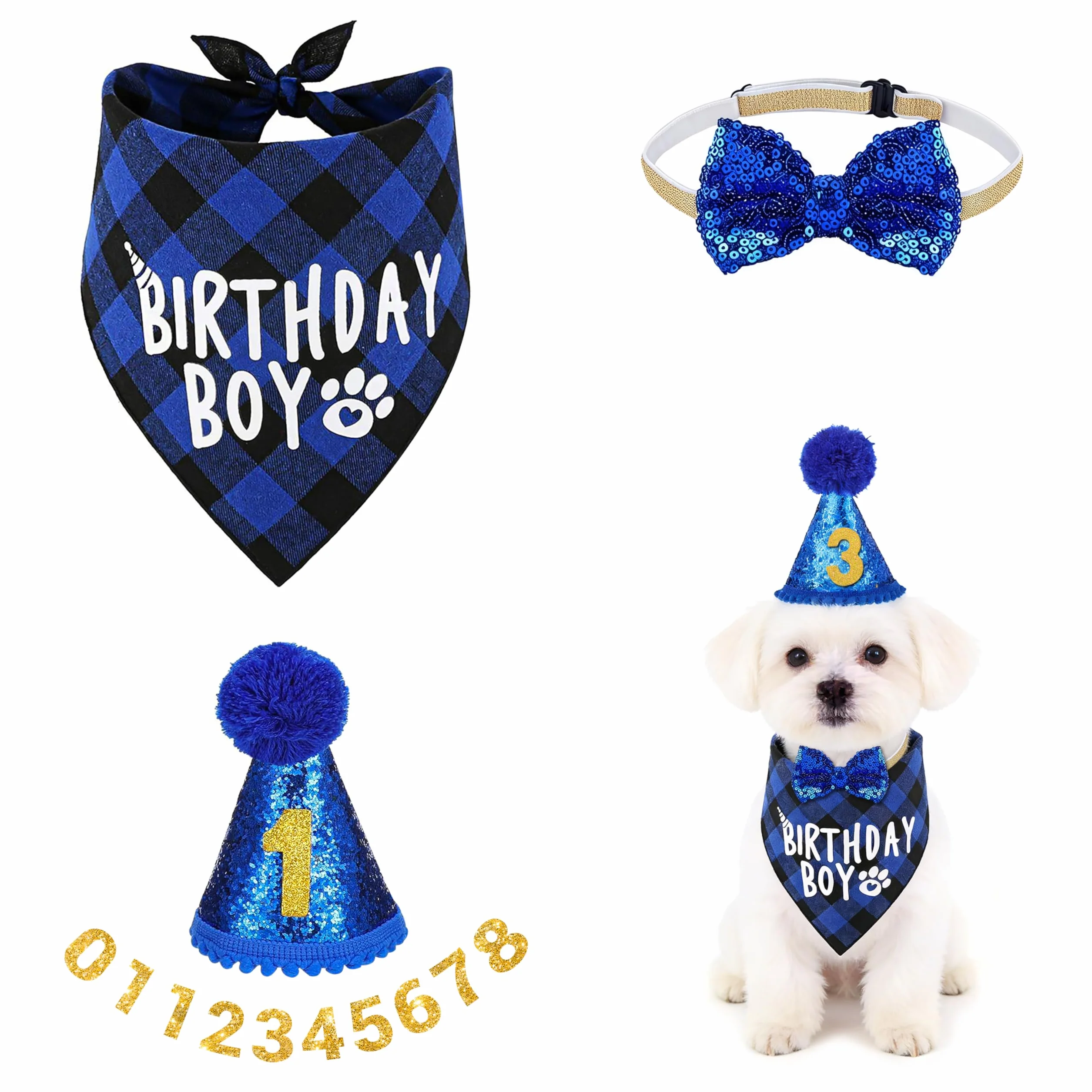 Set di Bandana Compleanno per Cani con Cappello e Pompon, Numeri Bling Adesivi 4 Pezzi Blu