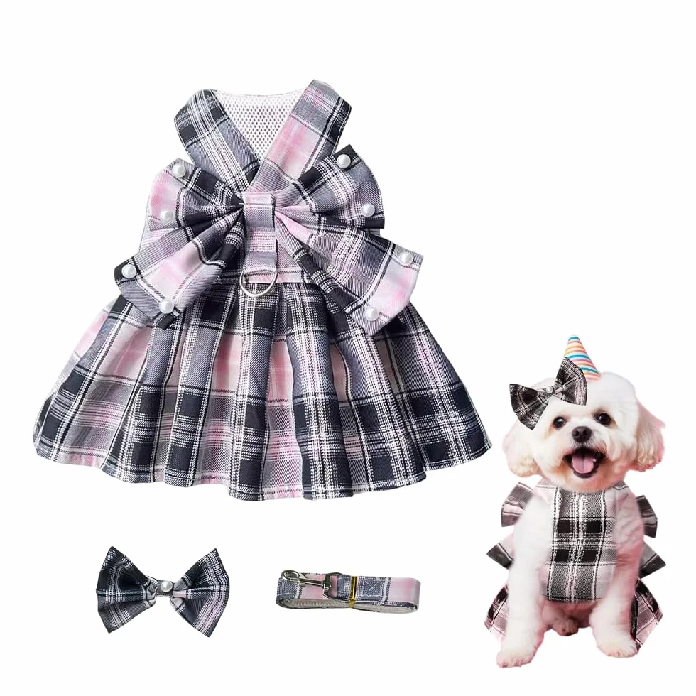 Vestiti per Cani Eleganti in Tartan Rosa e Nero con Fiocco Abiti per Cani Matrimonio Pet Clothes (XL)