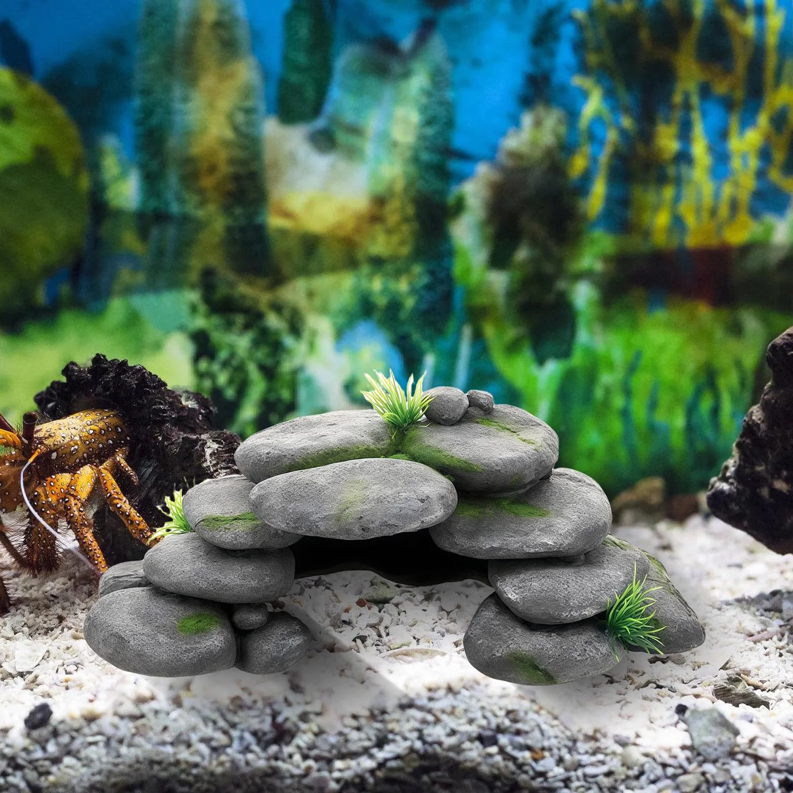 Decorazione per acquario, grotta con erba verde, decorazione per acquario, grande, decorazione per acquario, nascondiglio in resina, per tartarughe, Axolotl, gamberetti, pesci