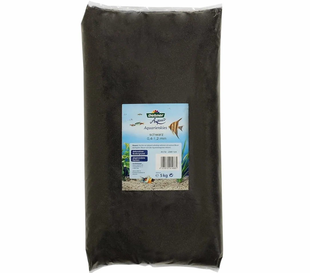 Dehner Aqua Sabbia per Acquario, Ghiaia fine per acquari, Sabbia di Colore Nero, Fondo Decorativo, Sabbia per Acquario, Ghiaia Decorativa, Grana 0,4 – 1,2 mm, Arrotondata, 5 kg
