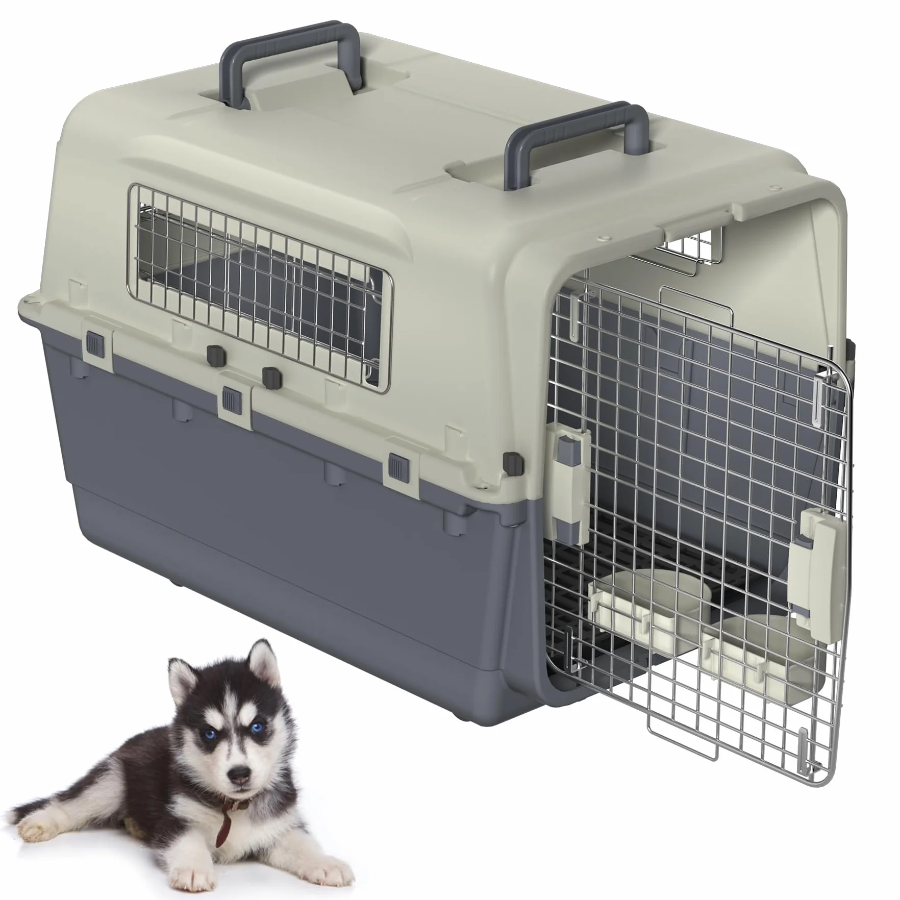 Froadp Trasportino per animali domestici, cani, gatti, in plastica PP, 80 x 57 x 70 cm, trasportino per gatti con ruote e distanziatori per urine e ciotole da appendere