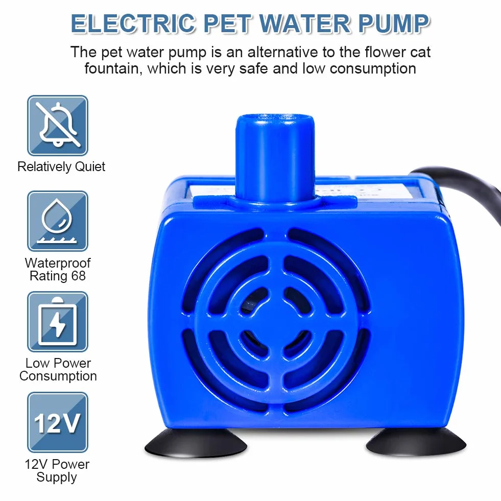 Pompa Acquario Per Gatti Animali, Pompa Fontanella per Gatti, Pompa Acqua Gatto, Pompa Acqua Presepe 12 V, Pompa Fontanella da 1.6 Litri, Cavo Lungo 1.8 M, Blu