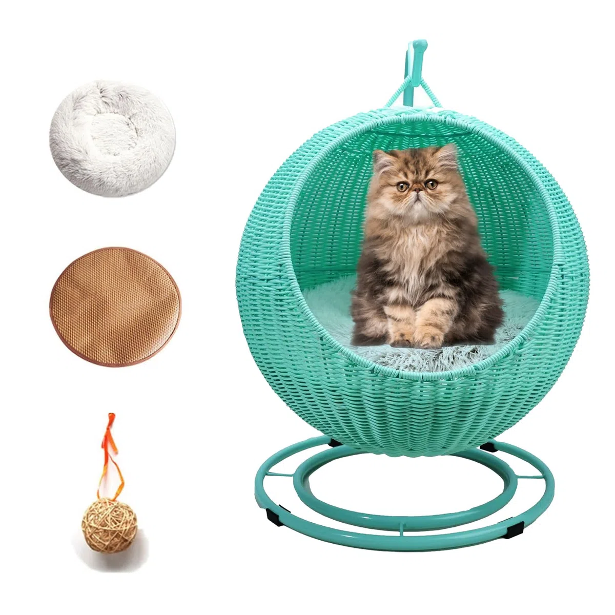 Cuccia per Gatti In Vimini Per Interni ed Esterni, Altalena per Gatti per Animali Domestici Nido per Gatti Rialzato Comodo e Traspirante, Facile da Montare, Cuscino Rimovibile e Lavabile (Col
