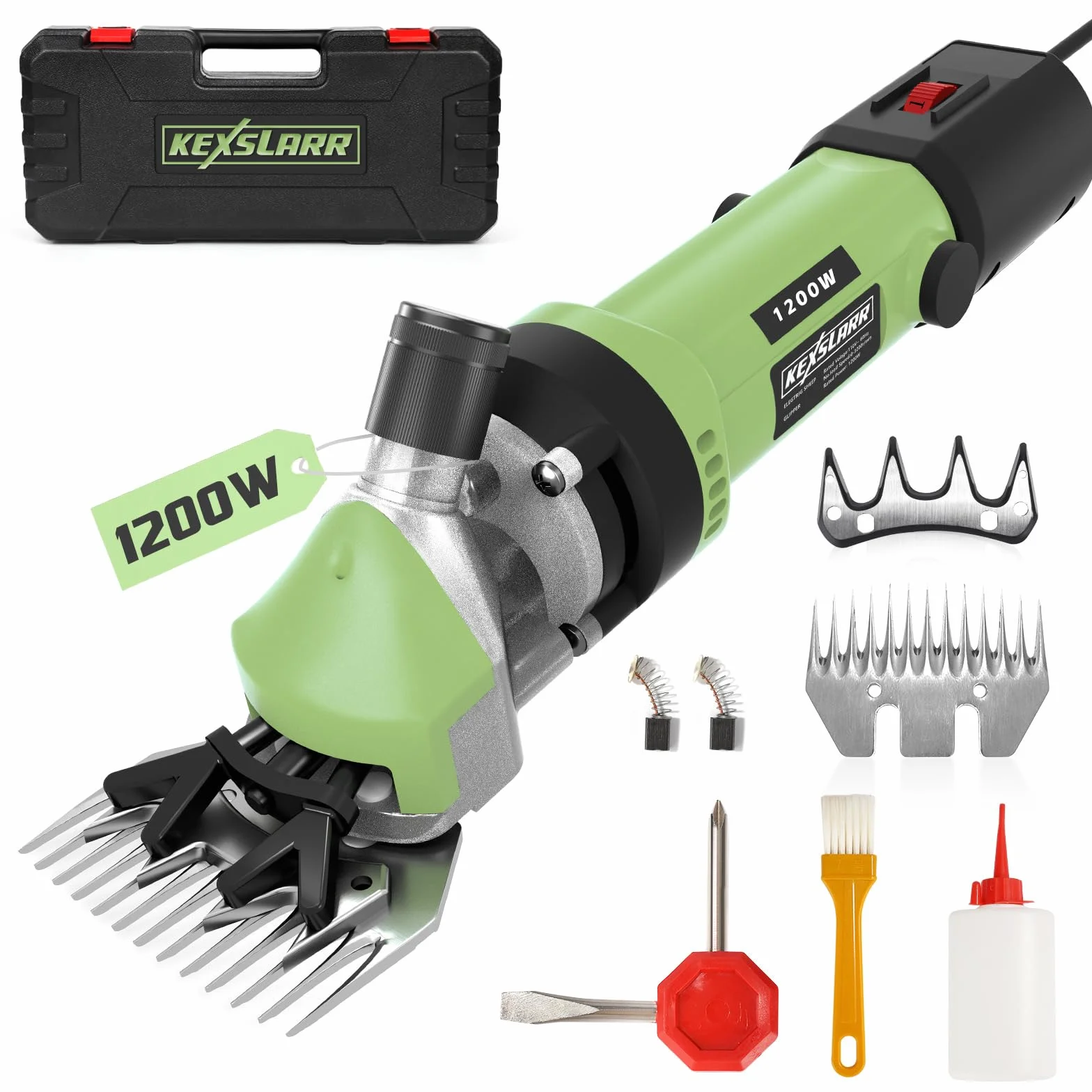 1200 W High Power - Cesoia elettrica per pecore, 6 velocità, 3200 giri/min, con lama a 13 denti, set in valigetta per pecore, alpaca, capre, cavalli (verde)