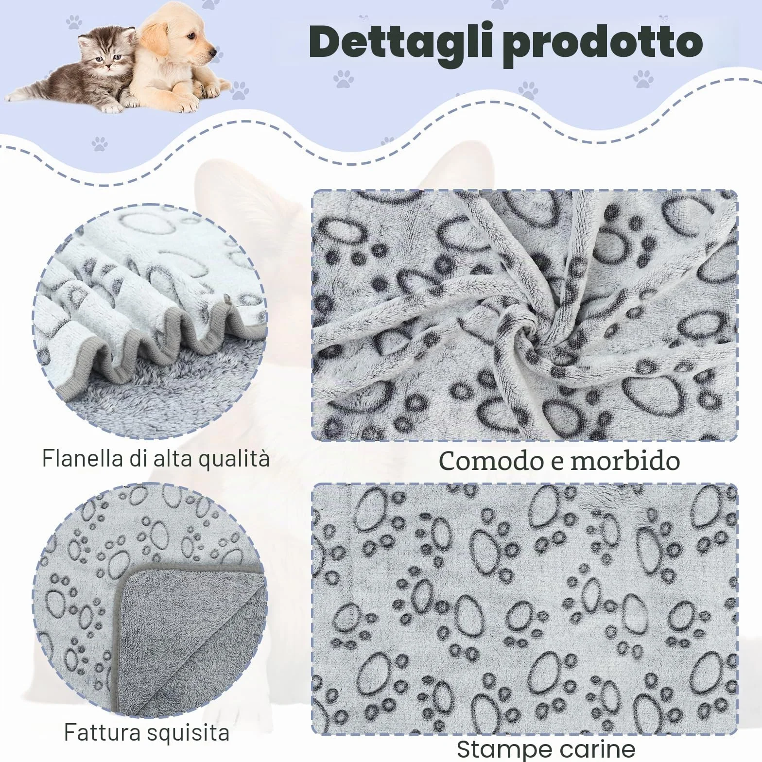 Coperta Per Cani Lavabile Flanella Morbida Calda 60×40cm Grigio Impronte Zampe