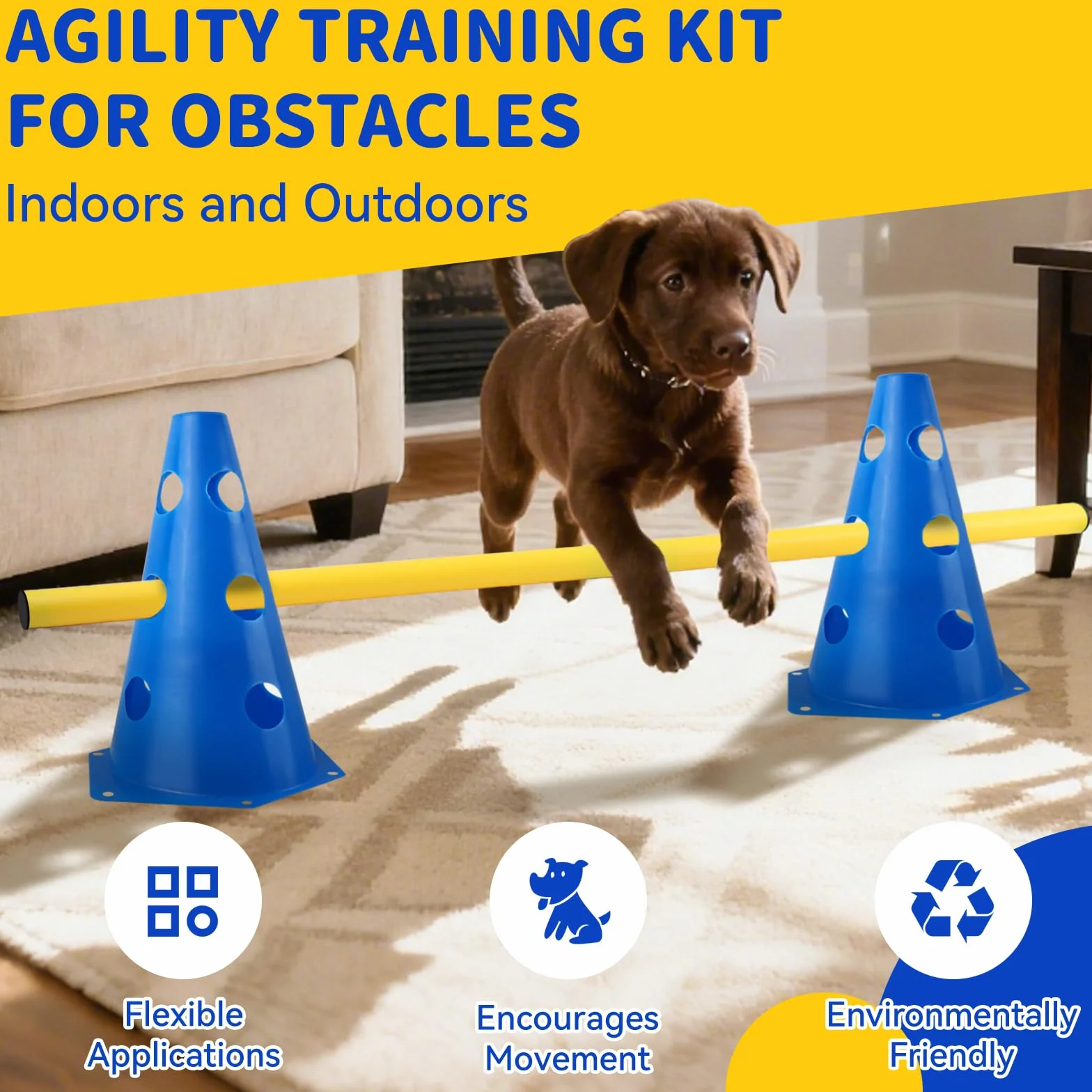 Agility Set per Cani Ostacoli per Bambini, Ostacoli per Cani con 8 Coni 32cm di Altezza + 8 Aste Lunghe 80cm, Set di Siepi Agility, per Cane Il Lavoro di Coordinamento