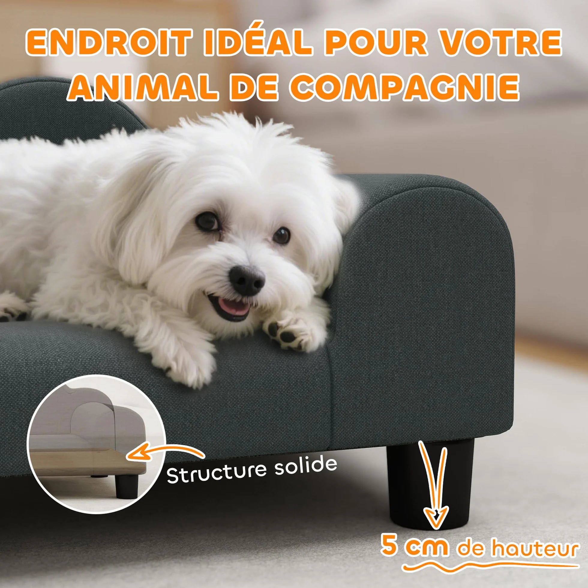 PawHut - Divano per Cani, Divano per Animali Domestici con Schienale e Braccioli, Traspirante, per Piccoli Cani da Interno, 66 x 42 x 28,5 cm, Grigio Scuro