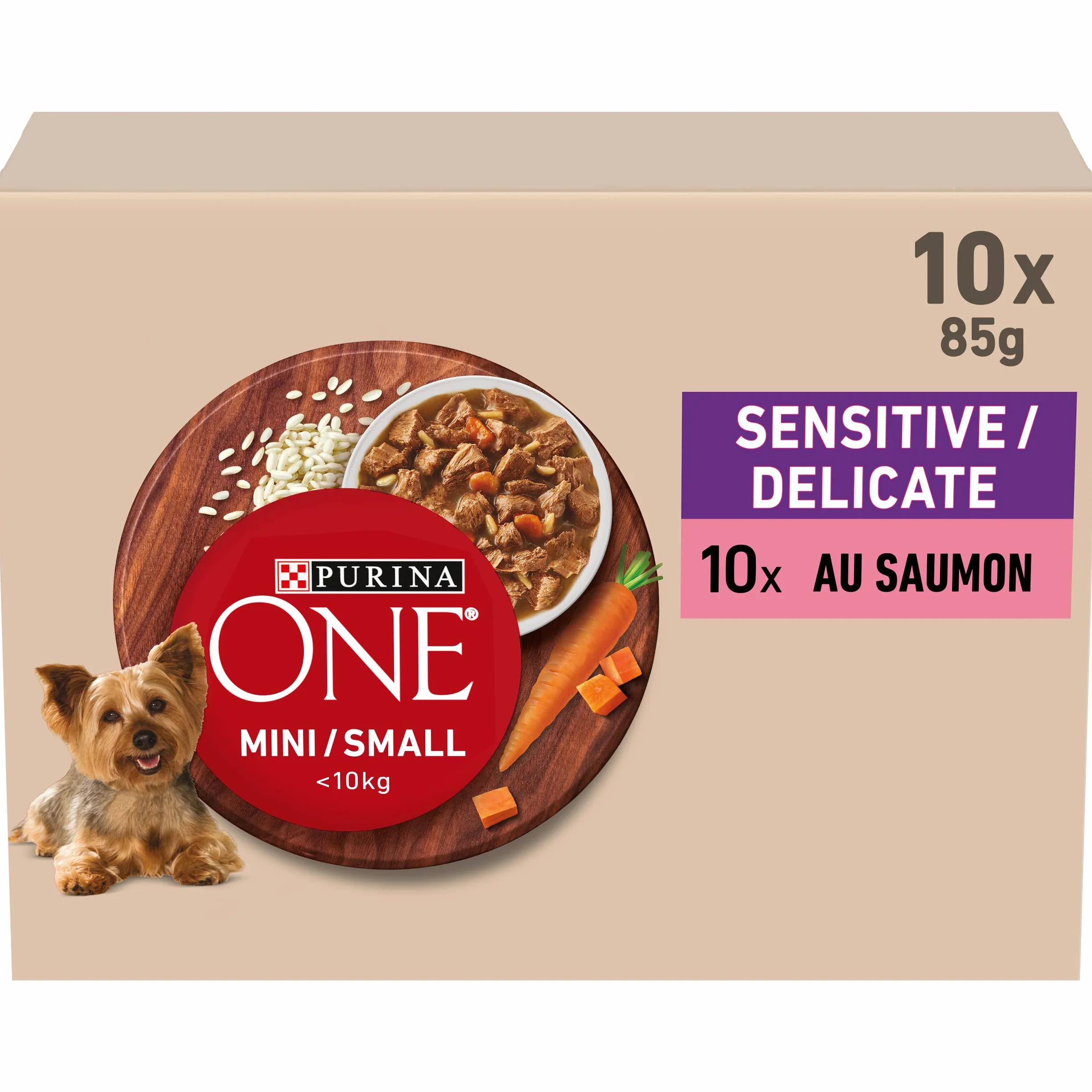 PURINA ONE Mini/S <10kg sensitiva/delicata, sbucciati con salmone, riso e carote in salsa per cani adulti di piccola taglia | digestione sensibile bustine pasto 10 x 85 g | Confezione da 6