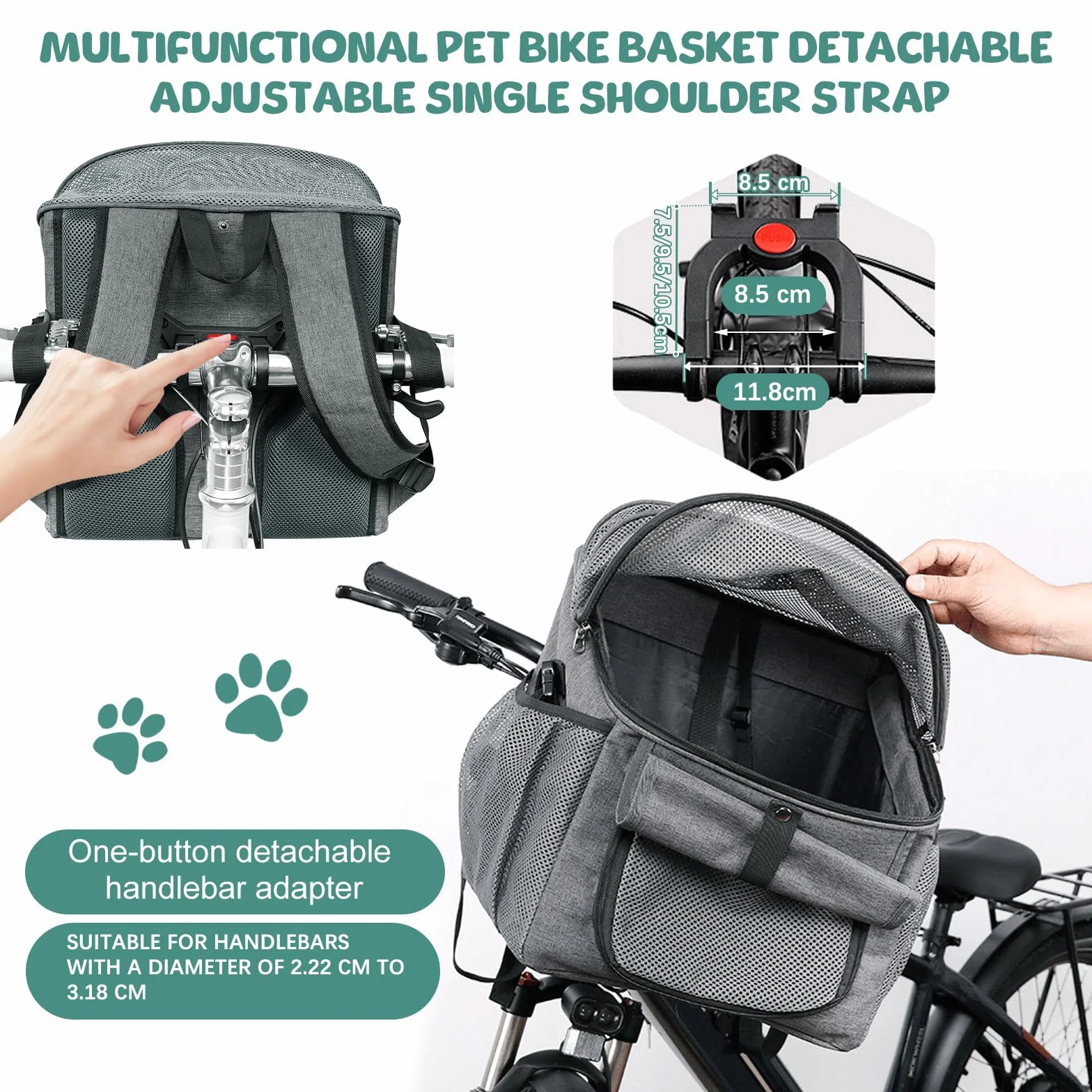 Cestino per Bicicletta Animale Domestico, Cestino Bicicletta Anteriore Cane con Adattatore per Manubrio Staccabile, Cinghie Regolabili, Rete Traspirante per Il Ciclismo Picnic Shopping (Nero)