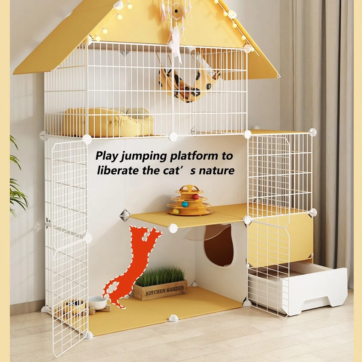 Gabbia per gatti a più livelli con rampa e scale, recinzione interna rimovibile per giocare e rilassarsi in sicurezza di piccoli animali domestici