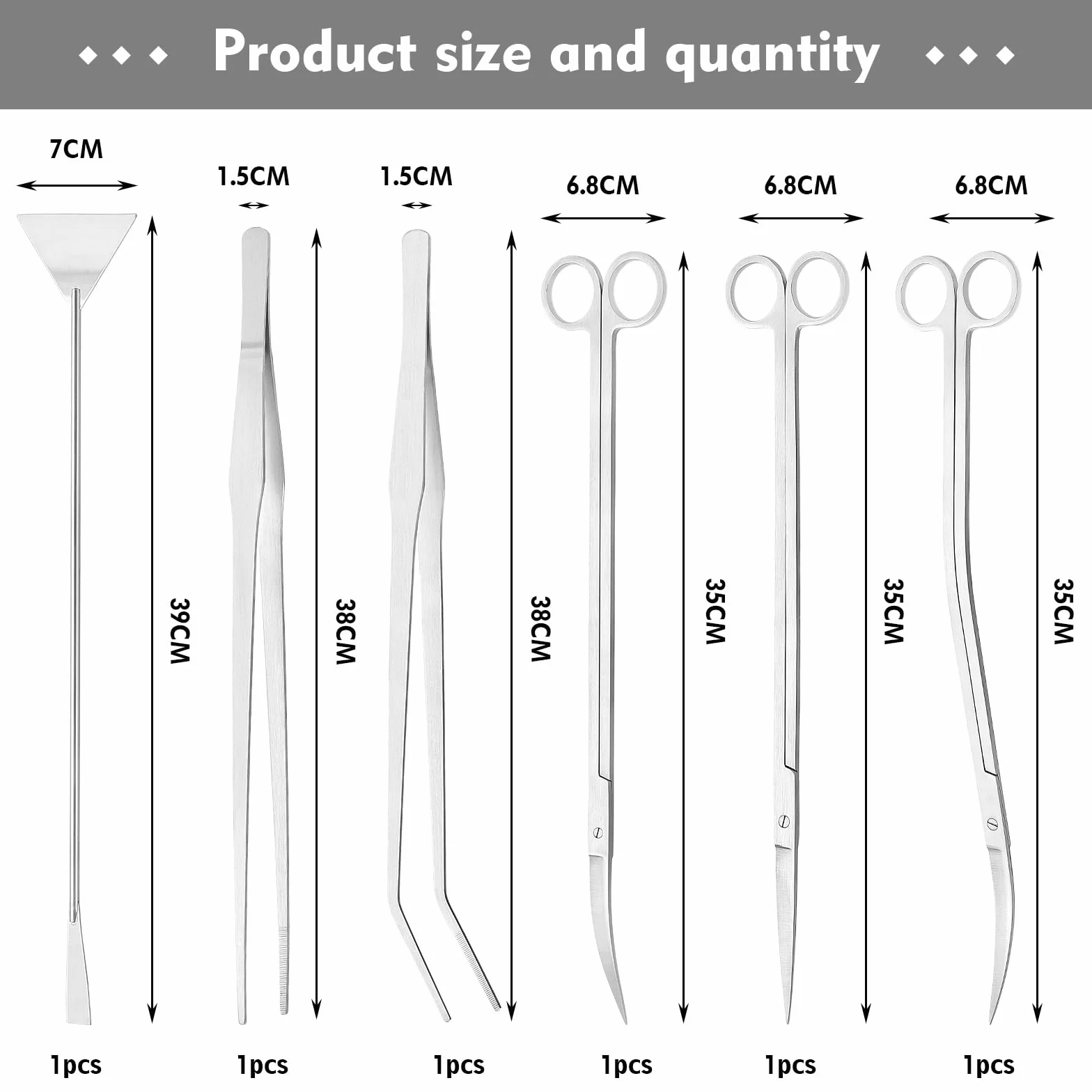 Set di Attrezzi 6 in 1 per Acquario, in Acciaio Inox, Pinzette Lunghe Dritte e Curve, Forbici Dritte, Curve e a S